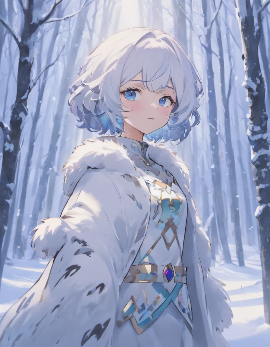 (best quality,highres,ultra-detailed),white snow leopard with vibrant blue eyes,detailed fluffy fur,standing confidently in a snowy forest,subtle sunlight streaming through the trees,creating a magical atmosphere,naturalistic portrait,astounding beauty and elegance,gorgeous white coat blending with the snow,subtle blue shades,sharp focus,realistic details,captivating gaze,personality shining through the eyes,peaceful expression,graceful stance,showcasing its strength and confidence,masterpiece:1.2