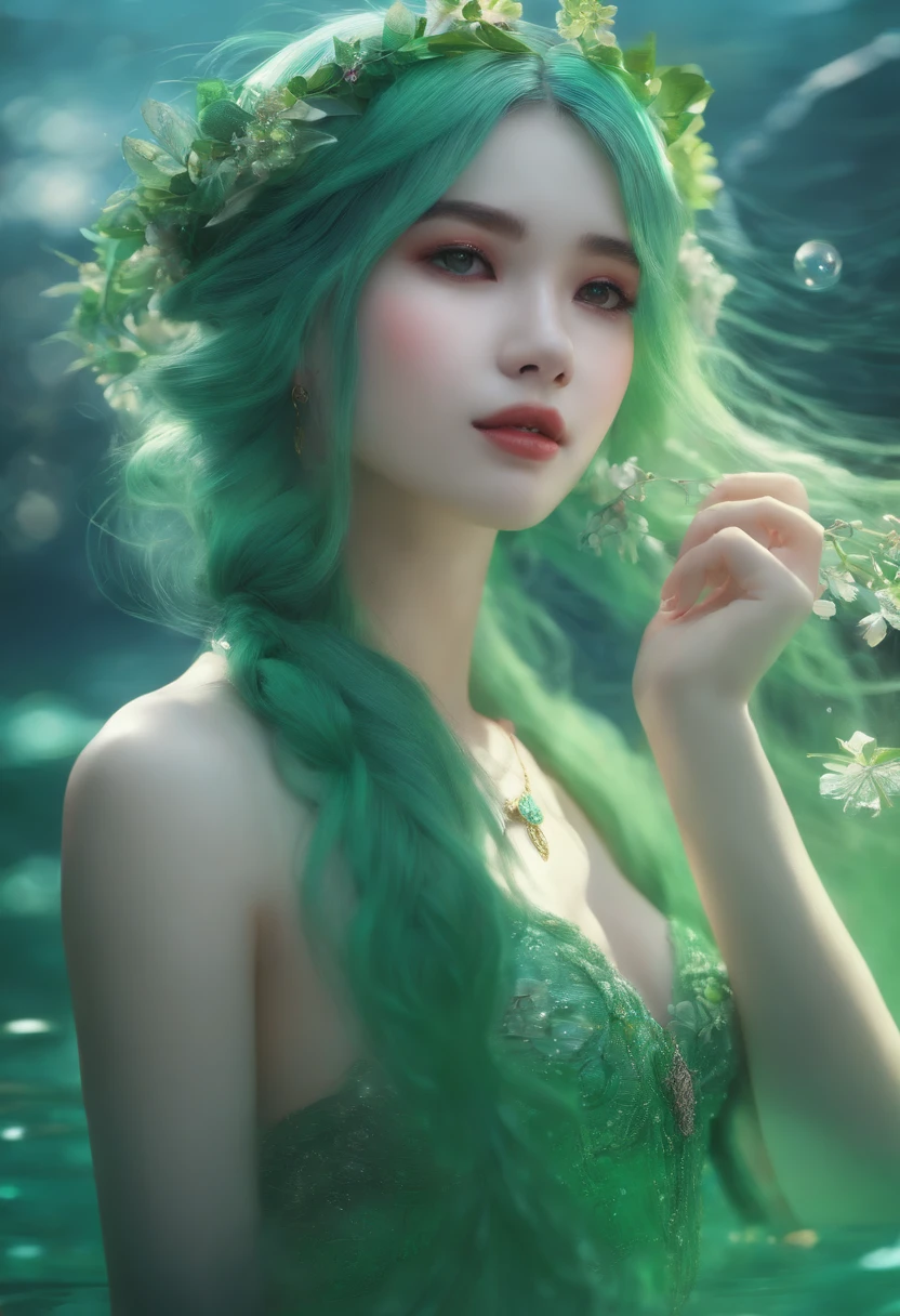 1girl, solo, hair ornament, green hair, twintails, long hair, dress, water