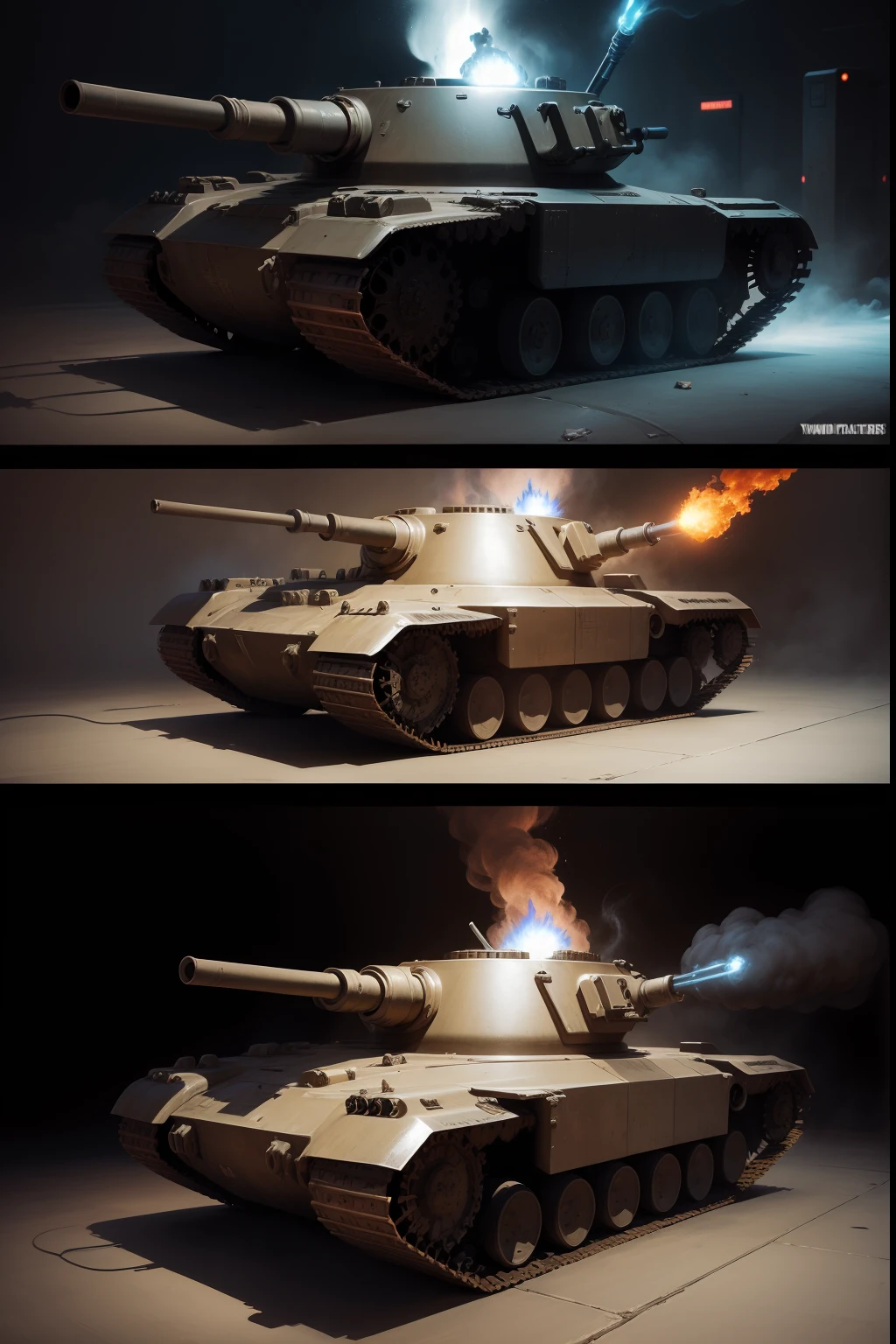 prototype of tank from world of terminator concept art with flamethrowers and laser guns