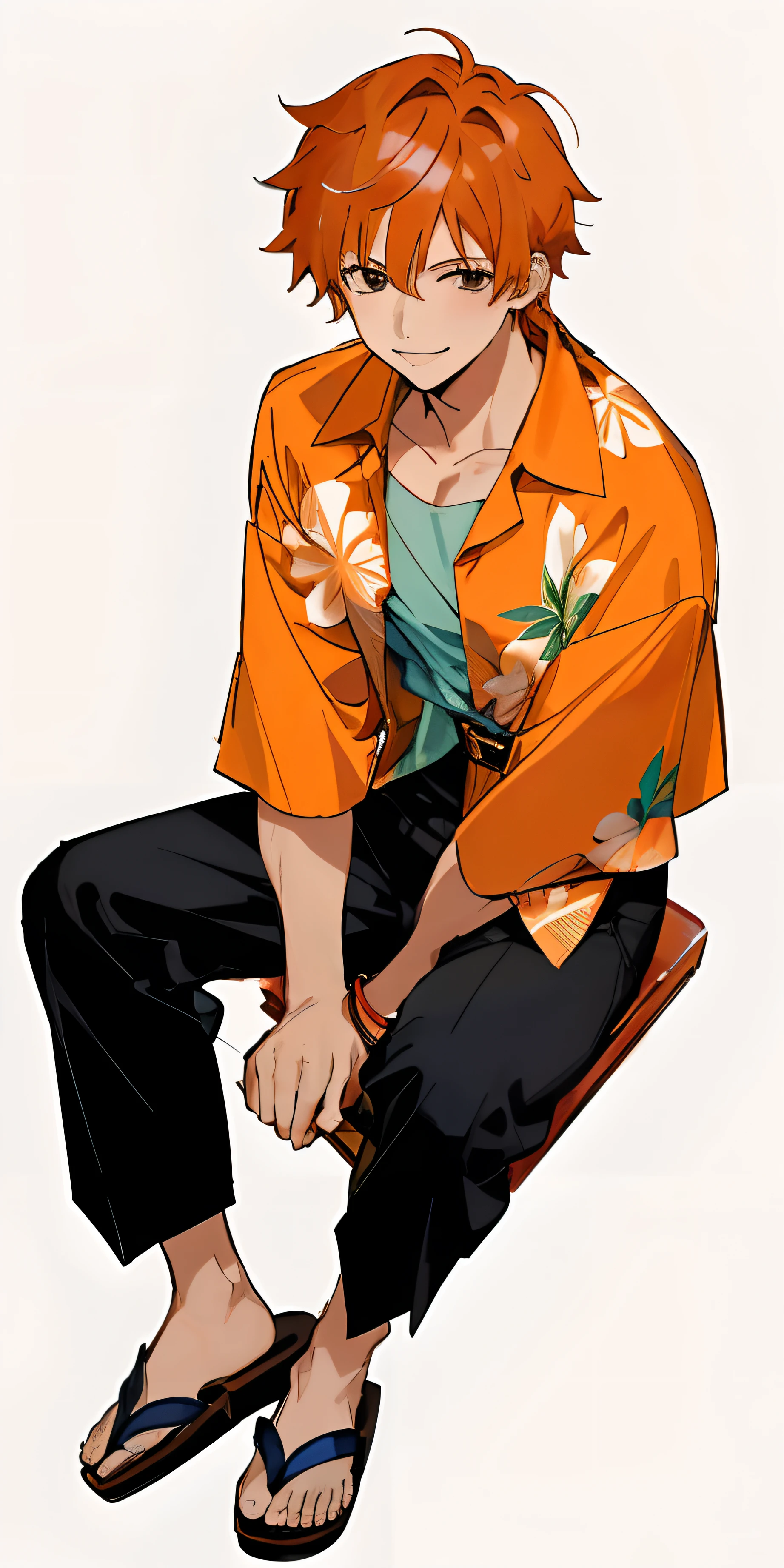 (masterpiece, best quality),1boy with medium length pastel orange hair wearing a buttoned up blue and black Hawaiian shirt with black pants and Japanese sandals sitting down at a port , one piece art style , best quality, high def , somewhat muscular,messy hair, smiling