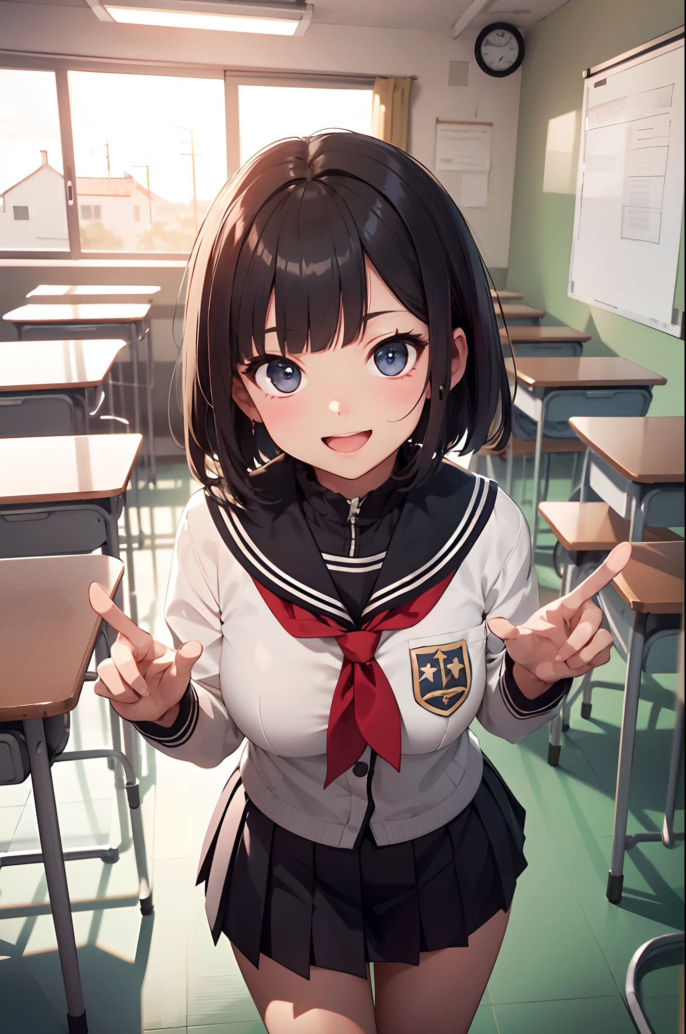 (top-quality、in 8K、32K、​masterpiece、nffsw、超A high resolution、Impresionismo、Photorealsitic:1.2)、Angle from above、High angle、Colossal tits、cowboy  shot, detailed faces and eyes、 Inside the classroom、Schools、Evening glow、beauitful face、blurry backround、16-year-old beautiful girl、shinny skin、short-hair、Beautiful black hair、Blunt bangs、Red Eye、(Katyusha:1.2)、a sailor suit、Pleated miniskirt、Curve、Stand on one knee、(I can see panties:1.2)、Smile with open mouth、Opening legs、