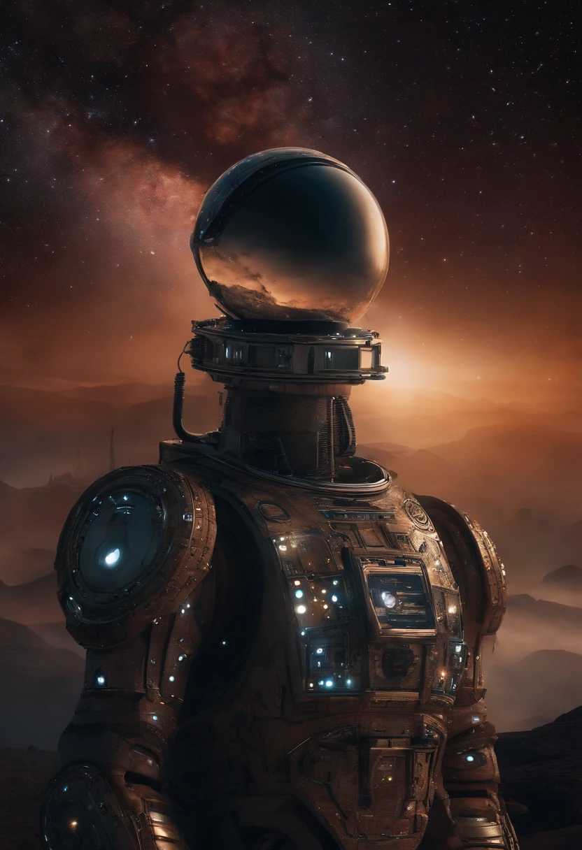 Crie uma imagem homem com mistura de robo, de costas, silhueta, realistic with elements from outer space, as stars and galaxies, simbolizando o infinito e a eternidade da morte.