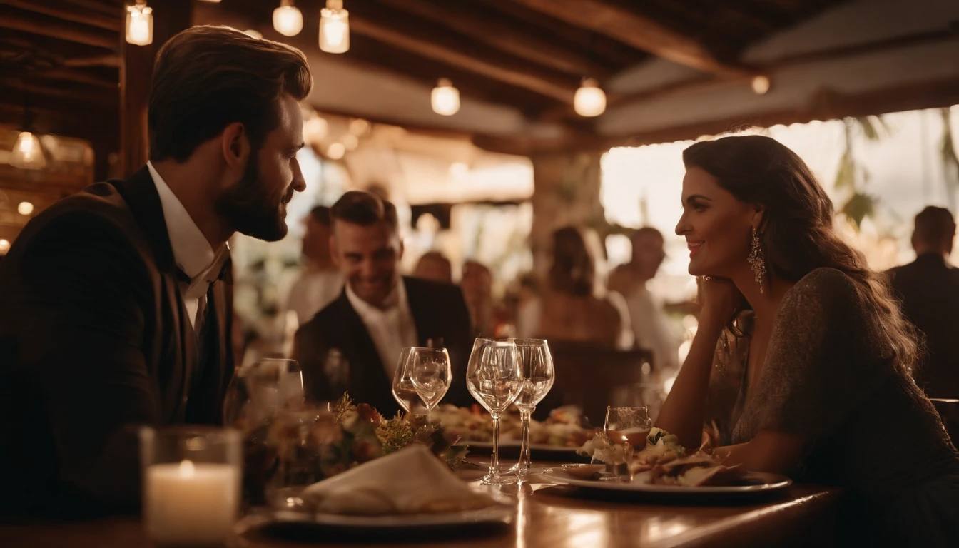 crie um restaurante lindo com o nome de renascer, imagem de fora para dentro, em um bairro residencial, em um dia lindo de sol , com um casal , uma mulher e um homem de maos dadas na entrada do restaurante, uma equipe de profissionais