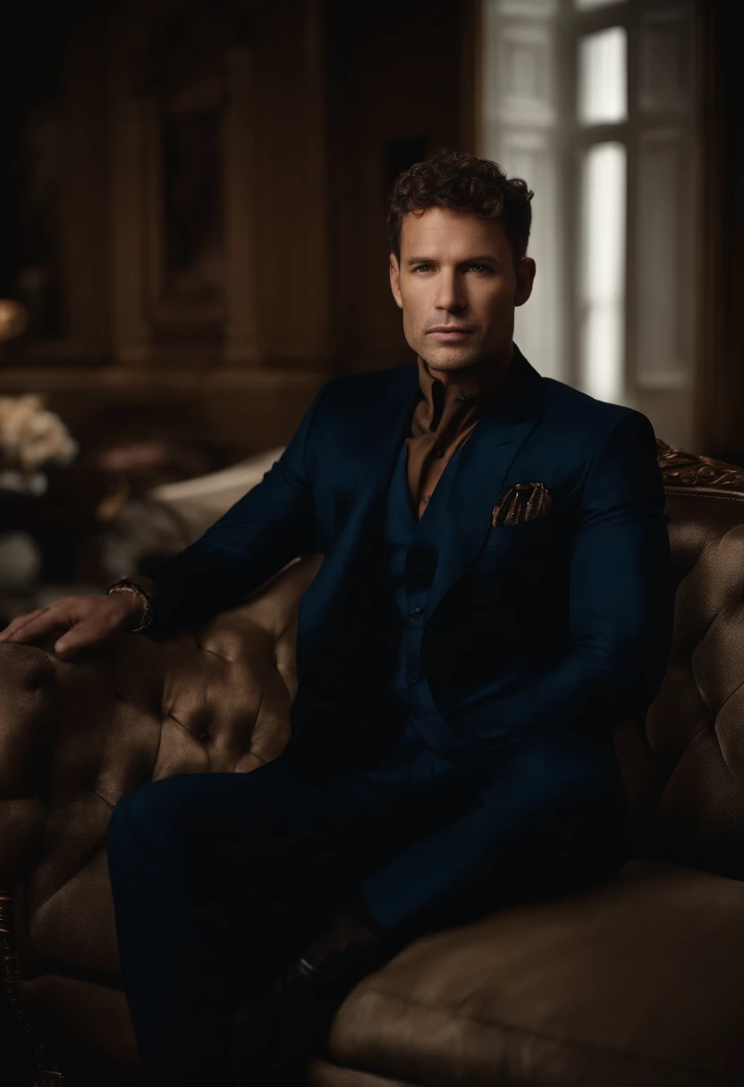 corps entier, wide-angle photo close-up portrait of the body of a handsome man , Grand et en forme, (40 ans:1.1), (shaven:1.2) , (very short brown hair and a little curly:1.5),(very short hair:1.6). (Tight suit in dark blue velvet:1.3). (posing outside the mansion with a luxury car:1.1),Cold and dark sunset at dusk, (Edge Light:1.1),(Concentrez-vous sur les yeux), (Regard fier), (hard light on the skin:1.2), (ombres dures, dark themed, Contraste profond:1.1), (photographie de portrait par Annie Liebovitz), Dark mint theme and choral aesthetics, (skin imperfections)