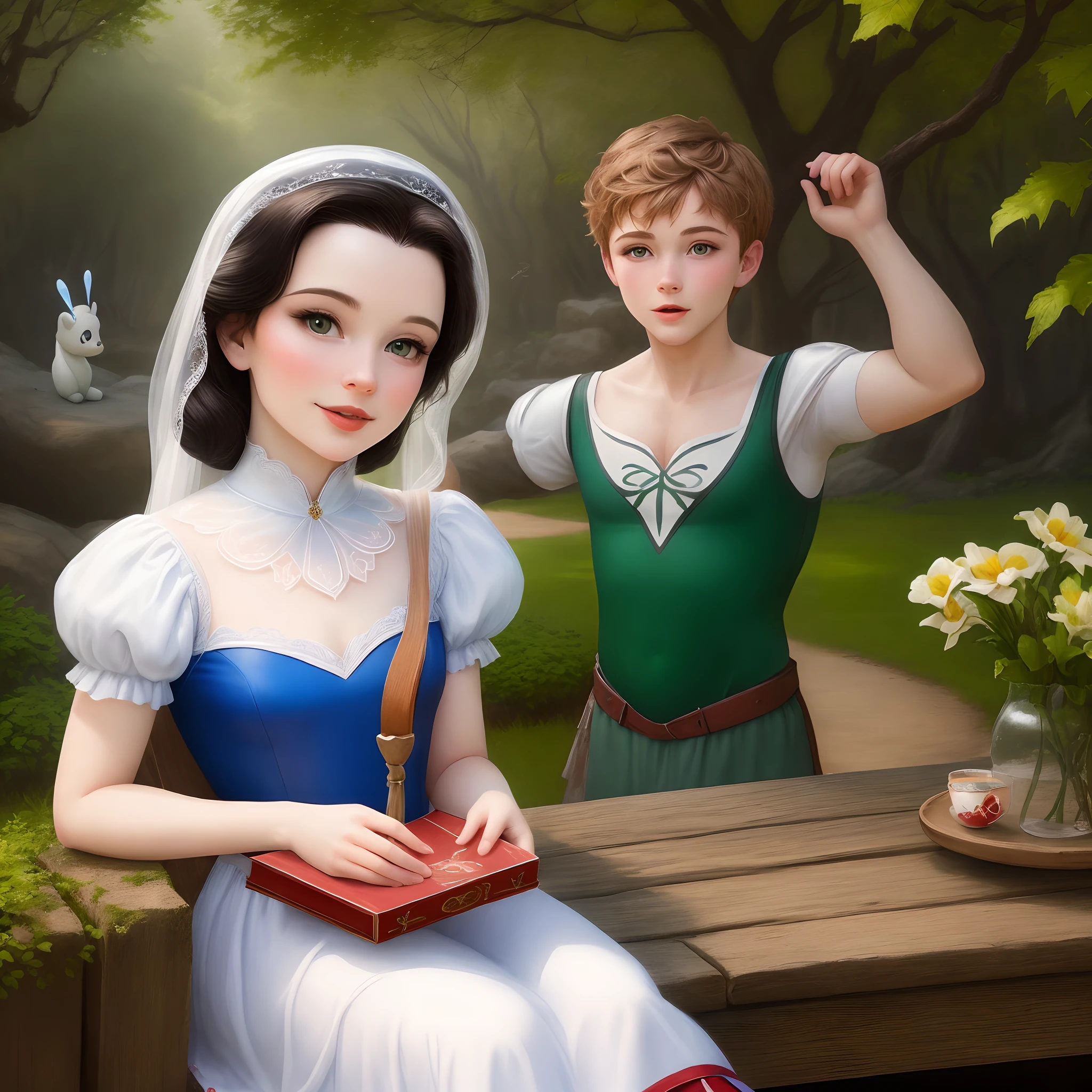 Chapter 1: A Special Day
It was a sunny day in the Realm of Imagination, where all the stories lived together. Branca de Neve estava brincando em seu jardim, quando de repente, Peter Pan apareceu voando com seu fiel amigo, Tinker Bell. Eles vieram para convidar Branca de Neve para uma grande aventura, with a realism of oil paint