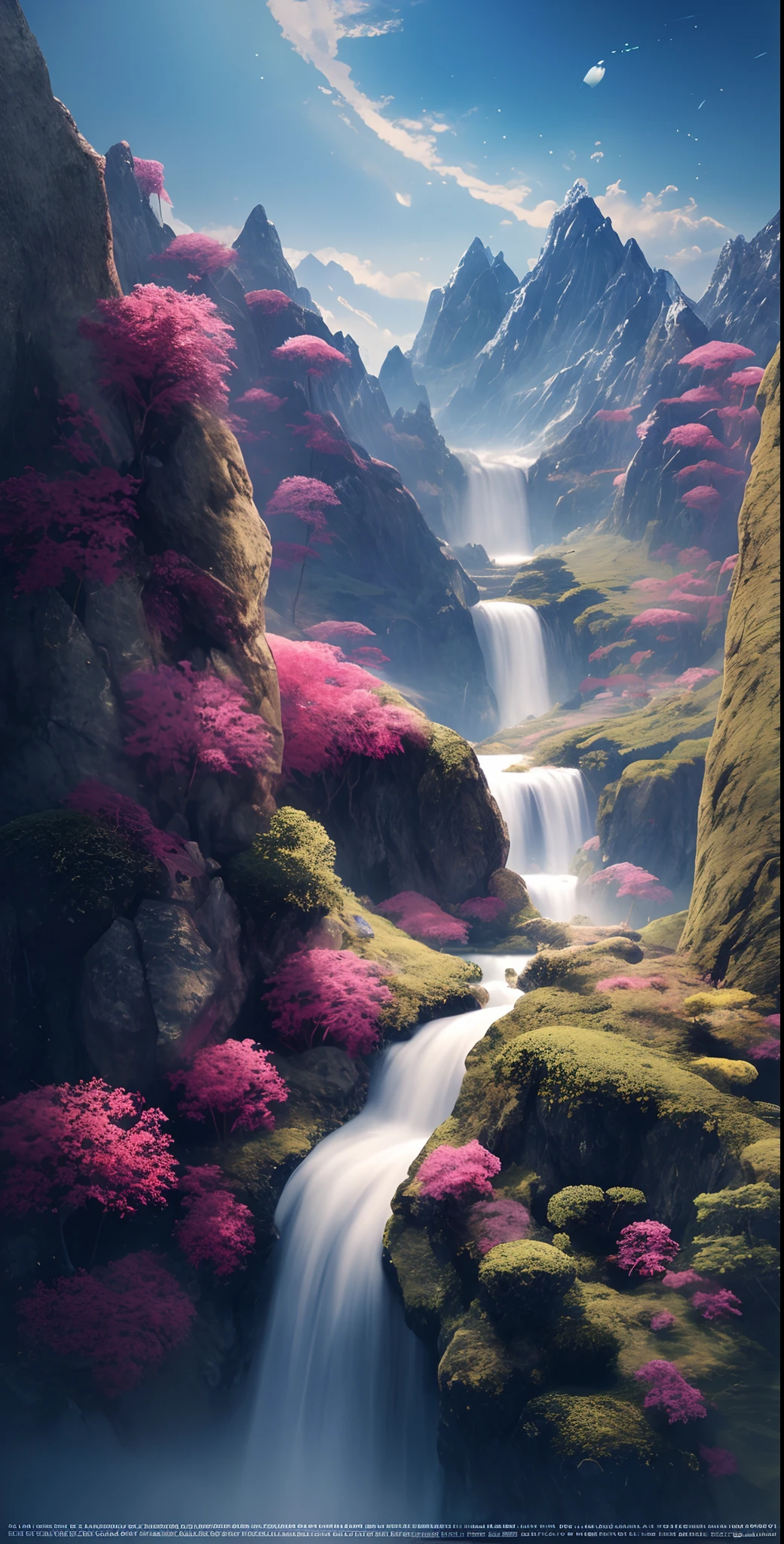 masterpiece, best quality, high quality, extremely detailed CG unity 8k wallpaper, scenery, outdoors, sky, cloud, day, no humans, mountain, landscape, water, tree, blue sky, waterfall, cliff, nature, lake, river, cloudy sky,award winning photography, Bokeh, Depth of Field, HDR, bloom, Chromatic Aberration ,Photorealistic,extremely detailed, trending on artstation, trending on CGsociety, Intricate, High Detail, dramatic, art by midjourney,  vibrant colors