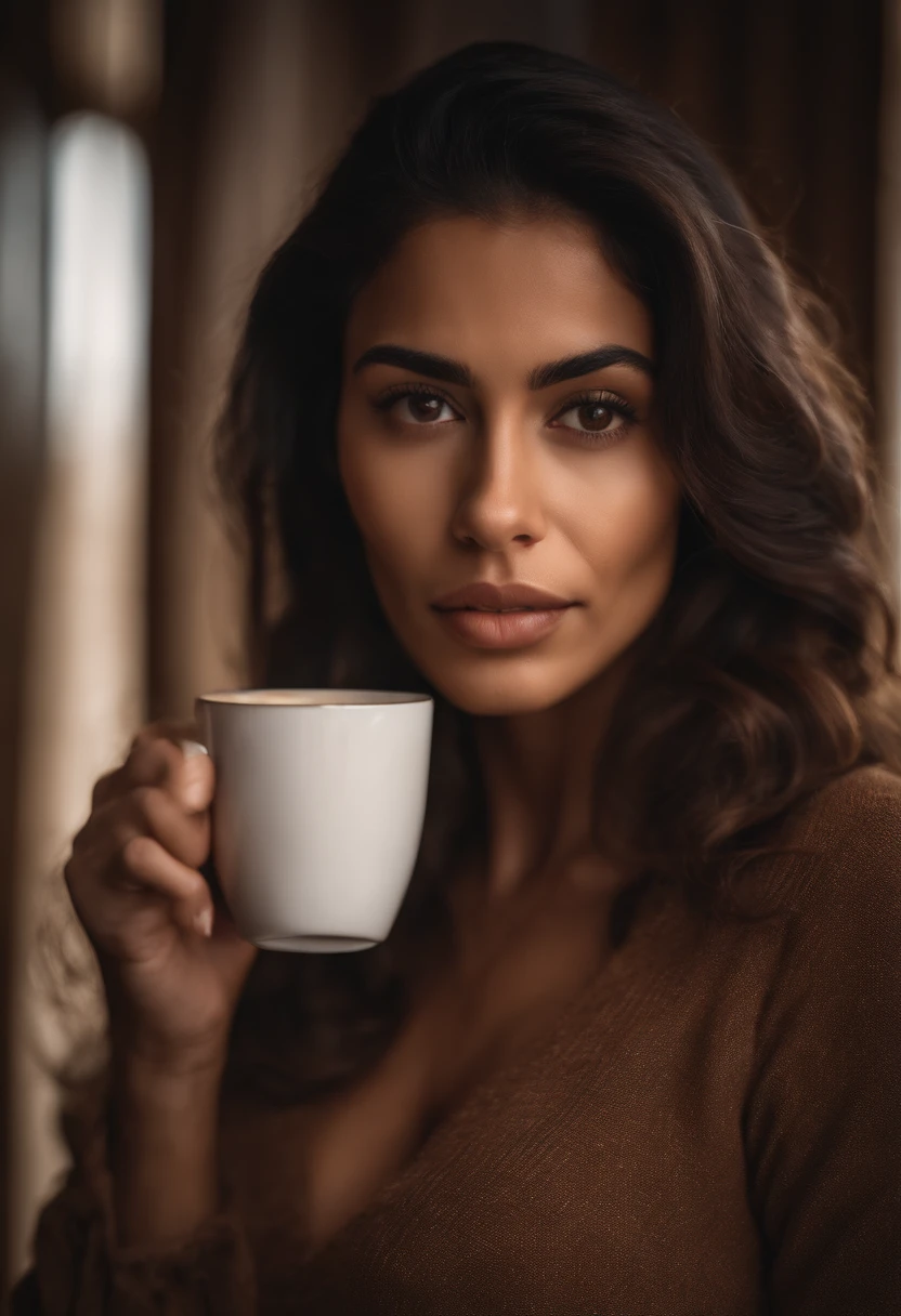 Young Latina woman with coffee with milk colored skin, seminua sensualizando