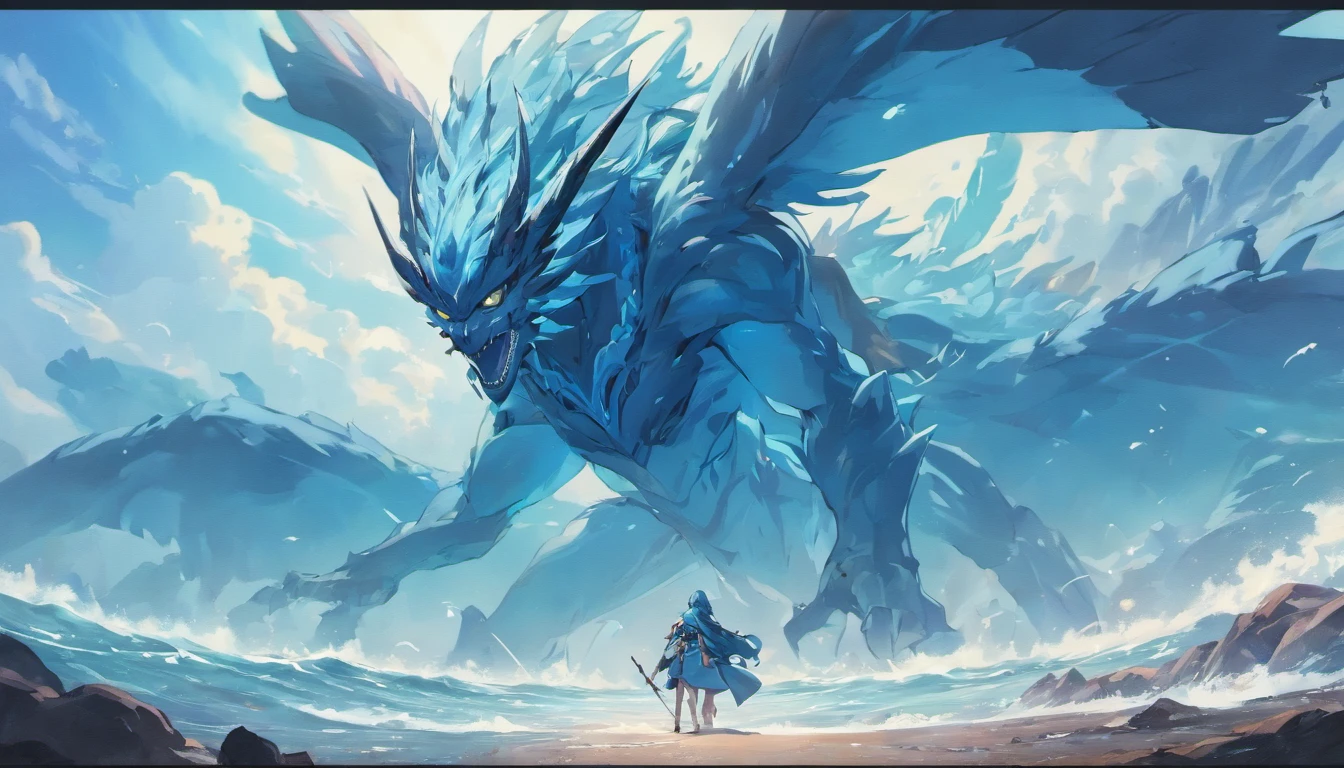 Giant blue creature coming out of the sea and warrior watching from the top of the mountain, best quality, masterpiece
