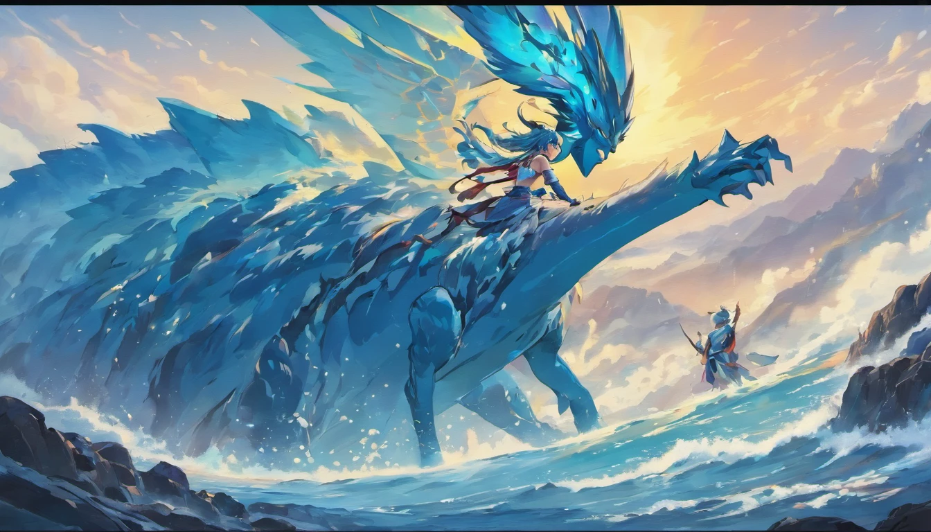 Giant blue creature emerging from the sea and warrior looking from the top of the mountain, Best quality, Masterpiece