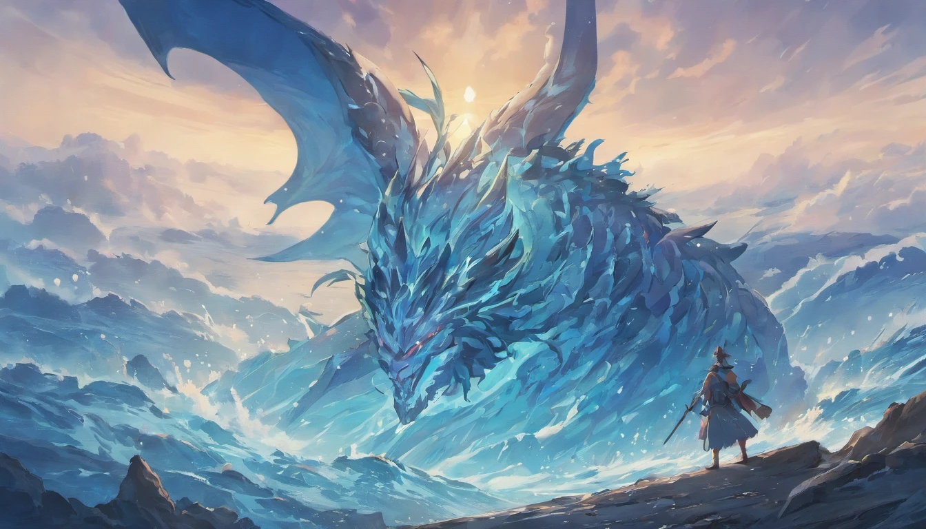 Giant blue creature emerging from the sea and warrior looking from the top of the mountain, Best quality, Masterpiece