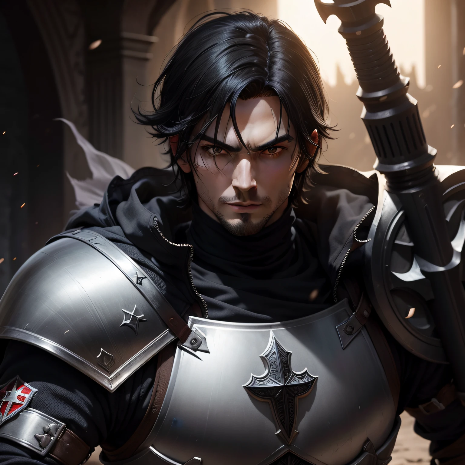 Generate the image of a badass Knight Templar with black hair