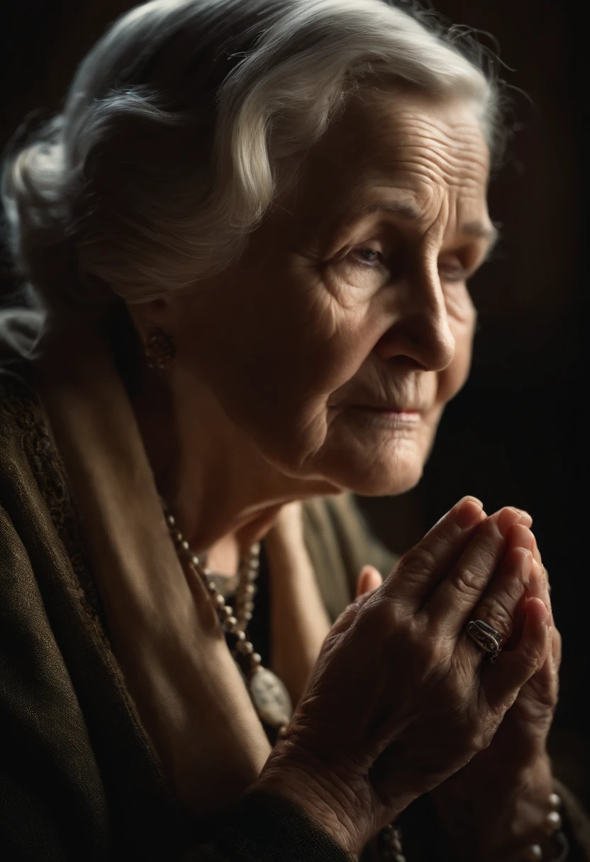 An elderly lady in profile prays with a rosary. Obra mestra. Nikon d850 50mm. 8k