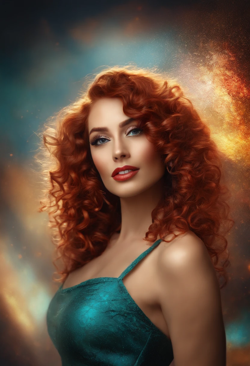 best quality,masterpiece:1.2,portrait,digital art,glamourous woman,detailed eyes,detailed lips,sexy smile,curly red hair,fierce expression,
bright colors,studio lighting,abstract background,highres,vivid colors,sharp focus