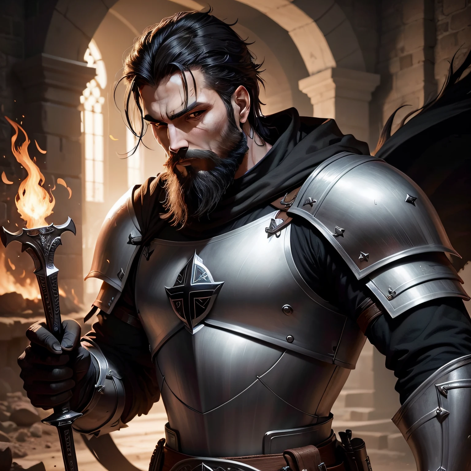 Generate the image of a badass Knight Templar with black hair and beard
