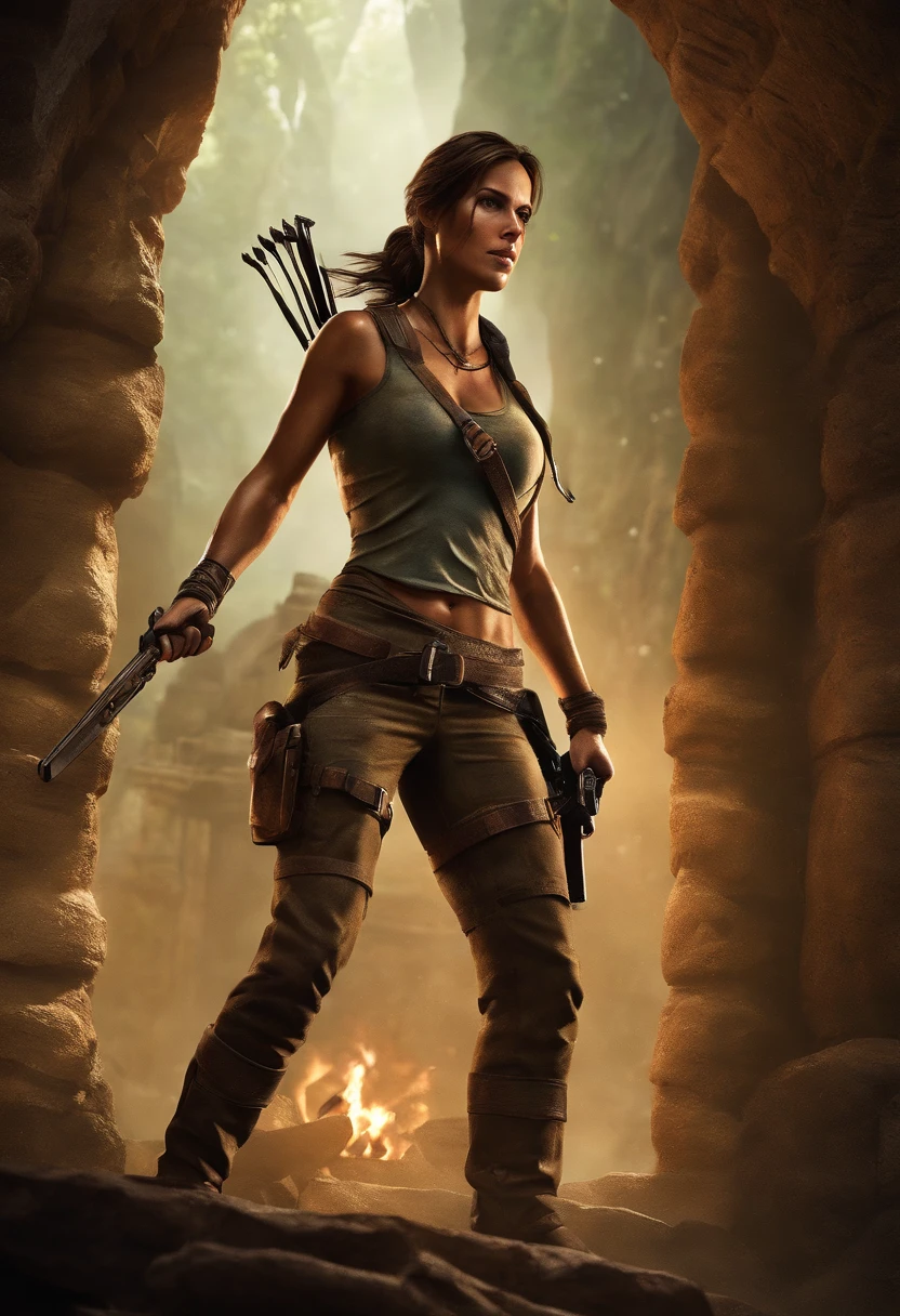 Lexa Doig (age 26) as Indian Jones, armed with her whip and pistol she explores a jungle ruin infested with snakes and spiders