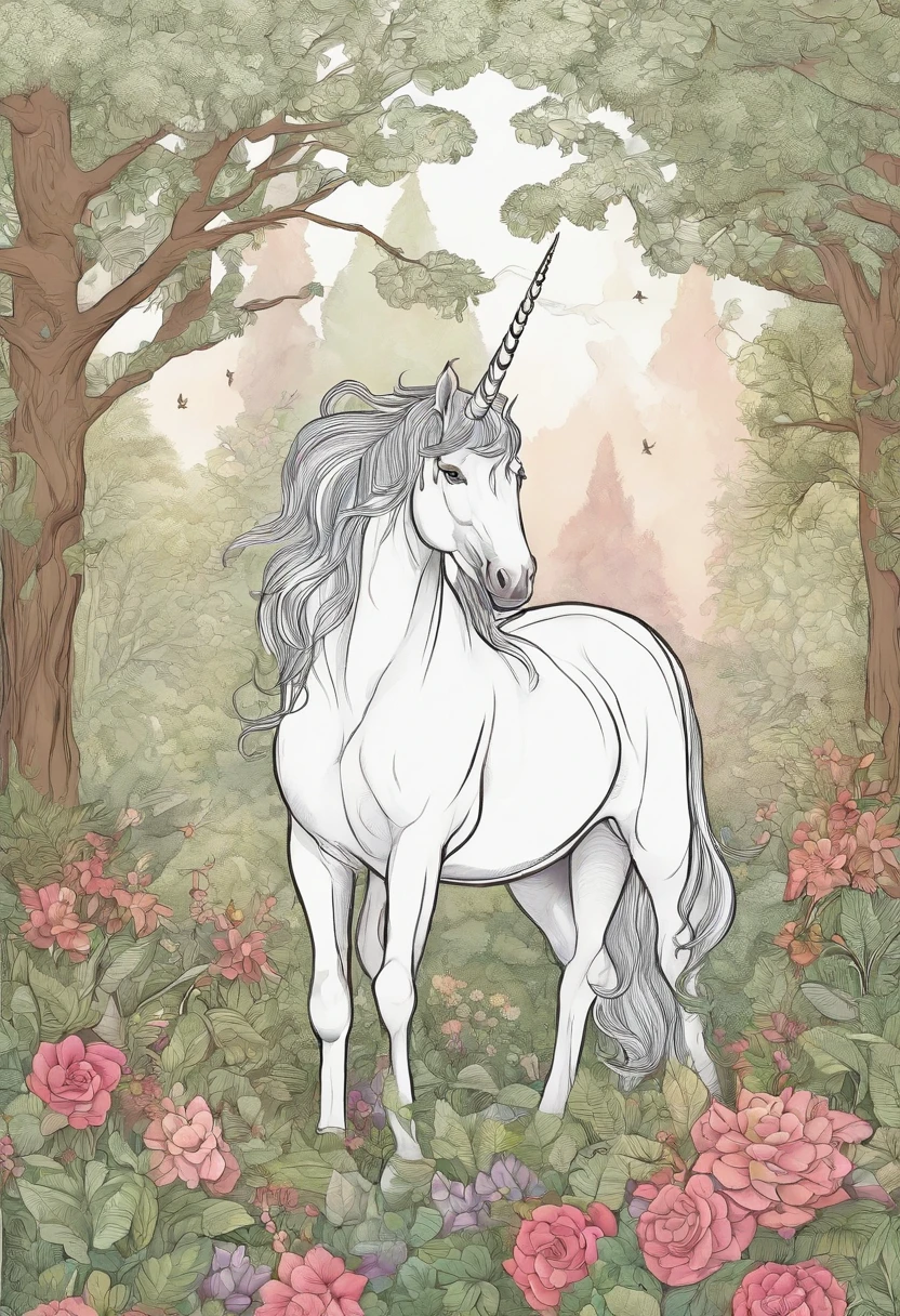 Unicorn in the forest Coloring book, estilo dos desenhos animados, linhas finas, sem cor, fundo branco, strokes only