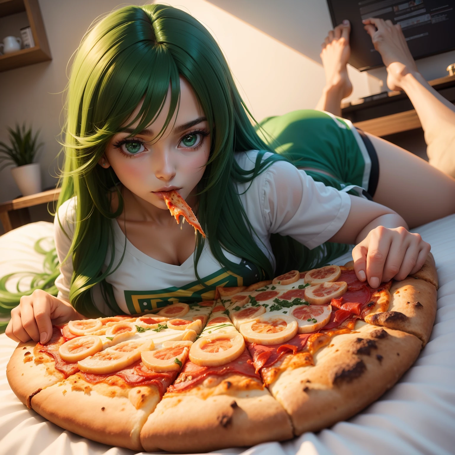 Pessonagem Feminina,c.c, code geas (anime),cabelo verde, comendo (pizza), na cama