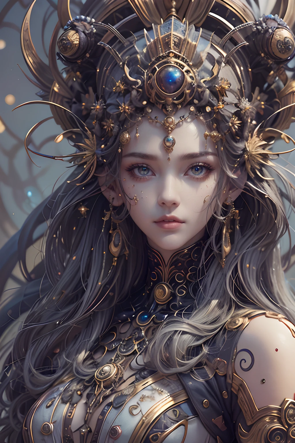 （best qualtiy，ultra - detailed，Most Best Illustration，Best shadow，tmasterpiece，A high resolution，professionalartwork，famousartwork），Detailed eyes，beautidful eyes，closeup cleavage，sci-fy，colored sclera，Robot eyes，face markings，Tattooed with，（fractalized，Fractal eyes），largeeyes，Wide eyes，（Eye focus），sface focus，Cosmic eyes，Space eyes，Close-up of metal sculpture of a woman with a moon in her hair，goddes。extremly high detail，3 d goddess portrait，Extremely detailed footage of the goddess，a stunning portrait of a goddess，Side image of the goddess，portrait of a beautiful goddess，Full body close-up portrait of the goddess，hecate goddess，portrait of a norse universe goddess，goddess of space and time