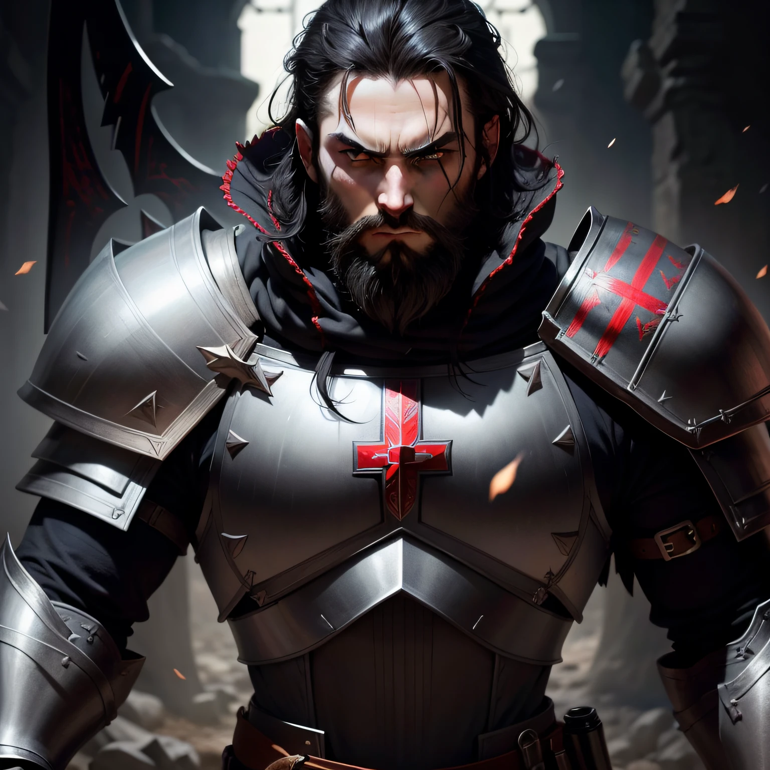 Generate the image of a badass Templar Knight with black hair and beard with dark armor