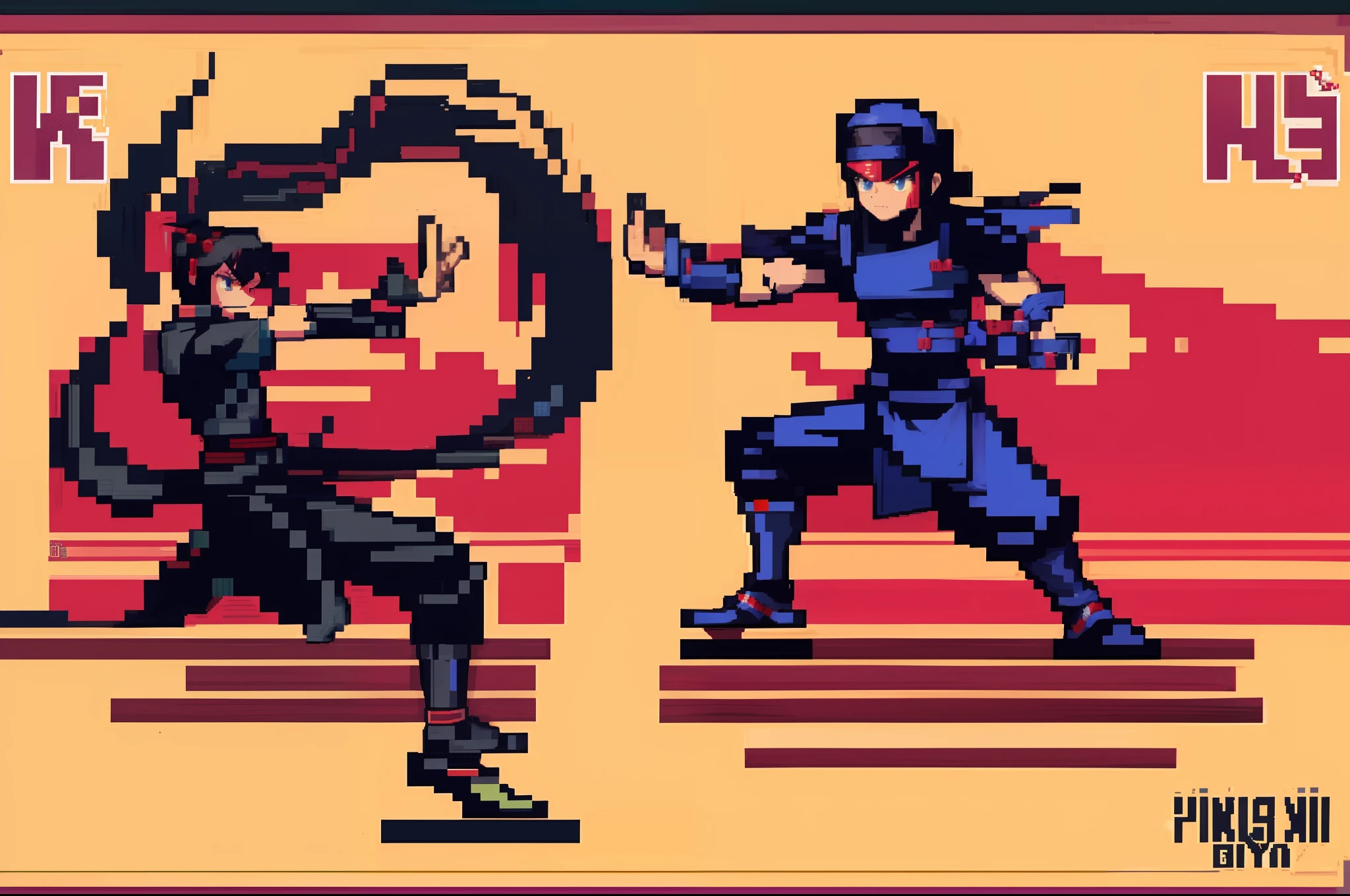Ninja vs Roman soldier, Retro pixel art style, retro 8-bit console game style, highly detailed,