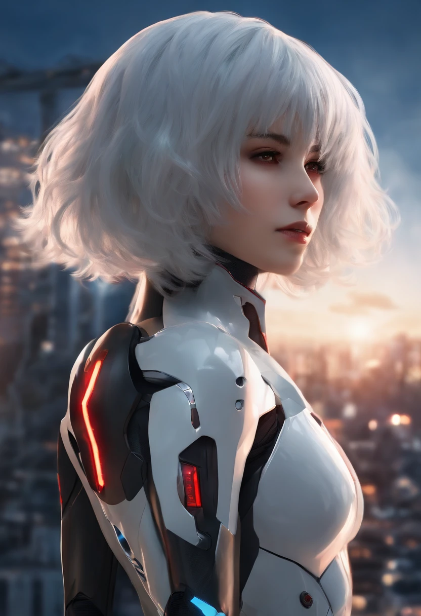 rei ayanami,near her EVA 000,anime realism(highres,ultra-detailed,photorealistic:1.37),detailed eyes,detailed lips,clean white hair,sad expression,black plugsuit,powered on EVA,tokyo cityscape background,neon lights,glowing red eyes,mecha details,shiny metallic surfaces,soft shadows,mysterious atmosphere,sci-fi anime style,vivid colors,blue light,emotional depth,moody lighting
