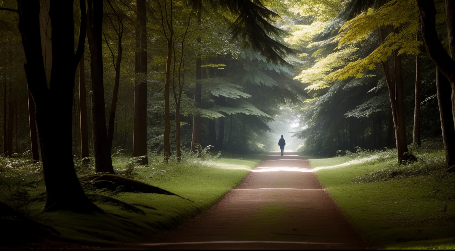 Uma pessoa em um caminho sinuoso na floresta, com um feixe de luz no final, symbolizing the journey of faith in the midst of uncertainty.