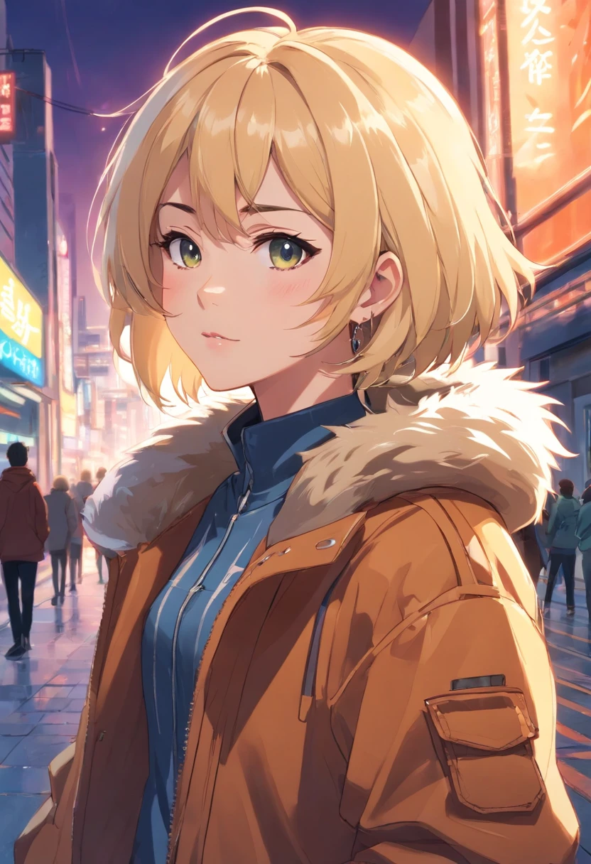 Fur jacket, blonde medium hair, fashion, piercings, female
