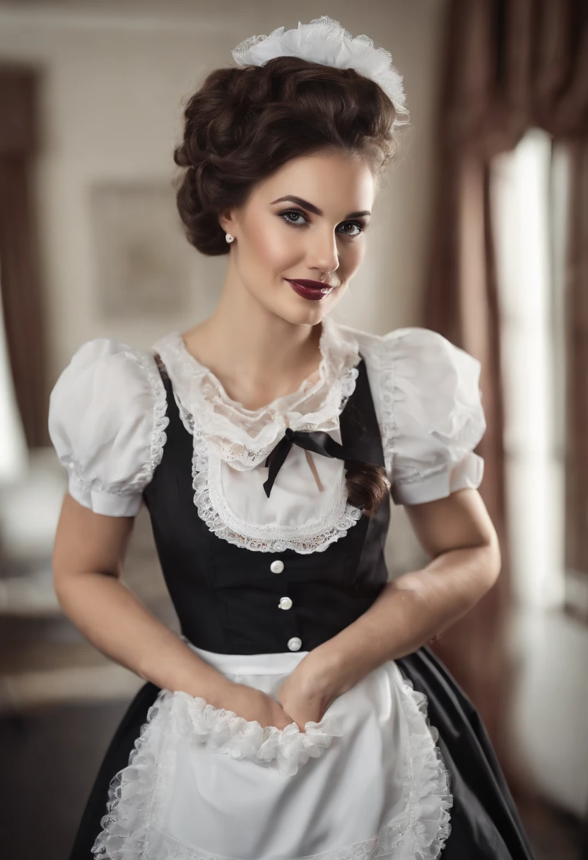 ((beautiful maid:1.5),high resolution, top quality),wearing maid's uniform,soft hands, big bright eyes, dark and vibrant curled hair, sweet smile, rosy cheeks, soft light, pure white background.
