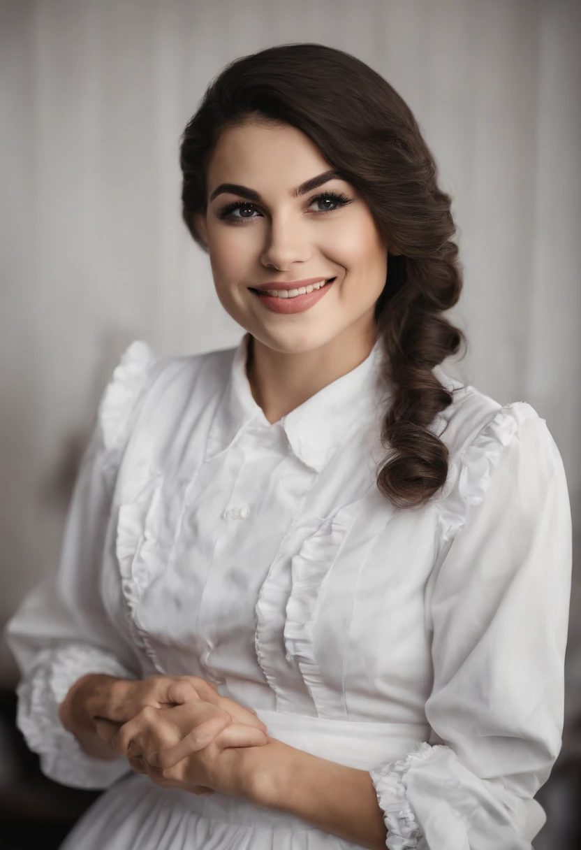 ((beautiful maid:1.5),high resolution, top quality),wearing maid's uniform,soft hands, big bright eyes, dark and vibrant curled hair, sweet smile, rosy cheeks, soft light, pure white background.