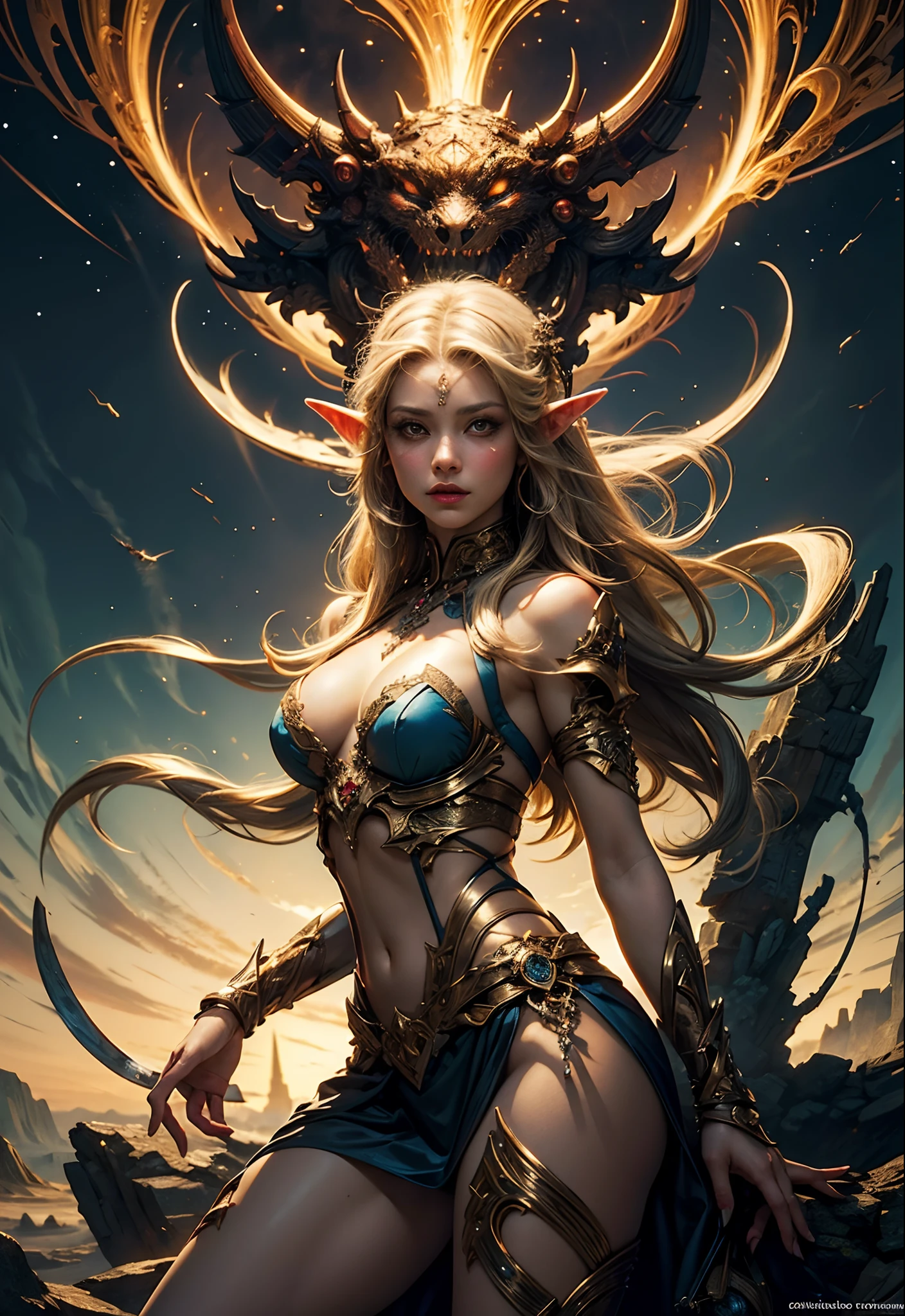 (masterpiece, top quality, best quality, official art, beautiful and aesthetic:1.2), (1 elf girl), (dynamic pose), extreme detailed,(fractal art:1.3),colorful,highest detailed