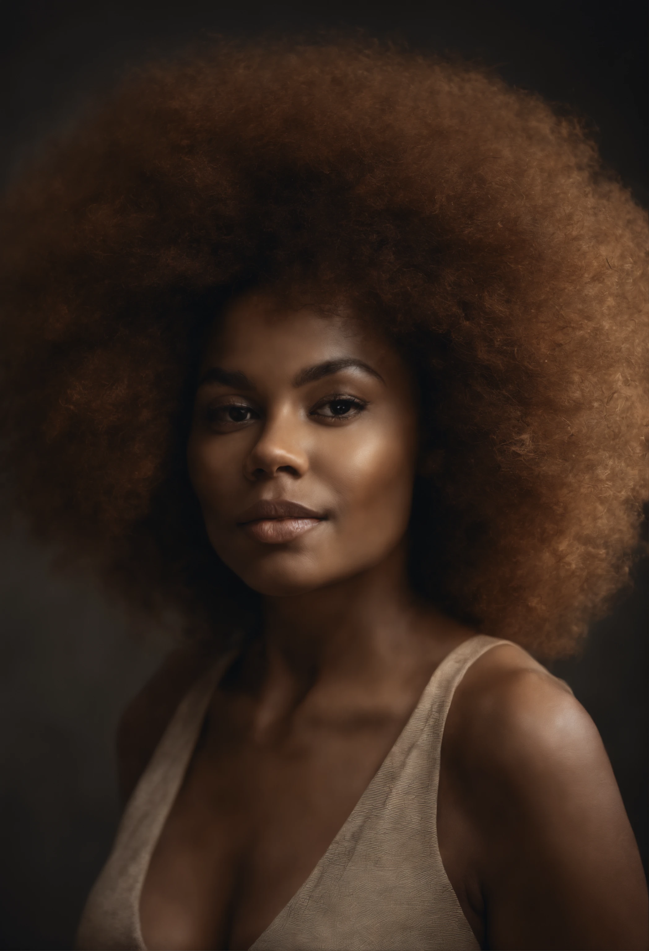 there is a woman with a very large afro hair posing for a picture, a digital rendering by Juan O'Gorman, shutterstock contest winner, afrofuturism, afro, afro hair, with textured hair and skin, with afro, light-brown skin, brown skin. light makeup, mixed-race woman, brown skin, diffused natural skin glow, brown skinned, make her look real and very beautiful