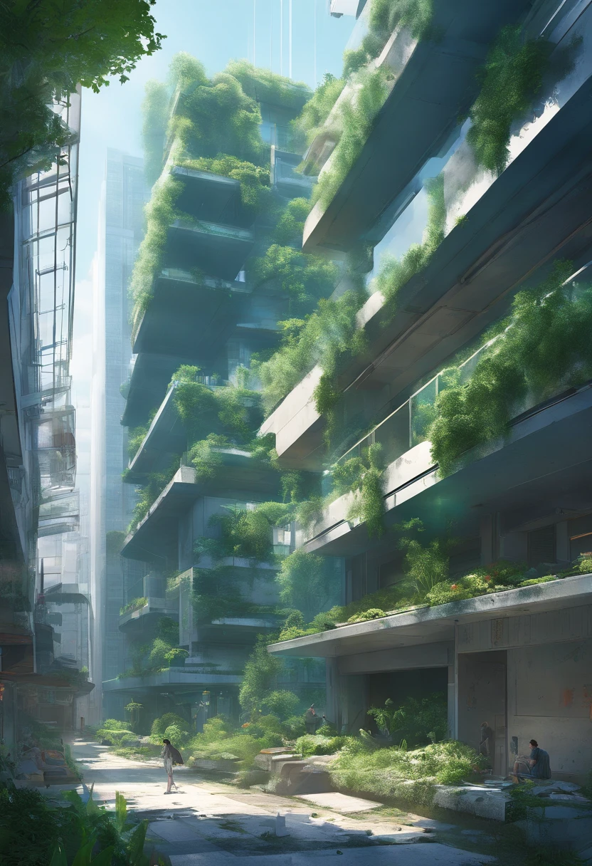 Abandoned futuristic city overgrown with lush green plants lights blue,sky by Jinhwa Jang, Trending by Artstation