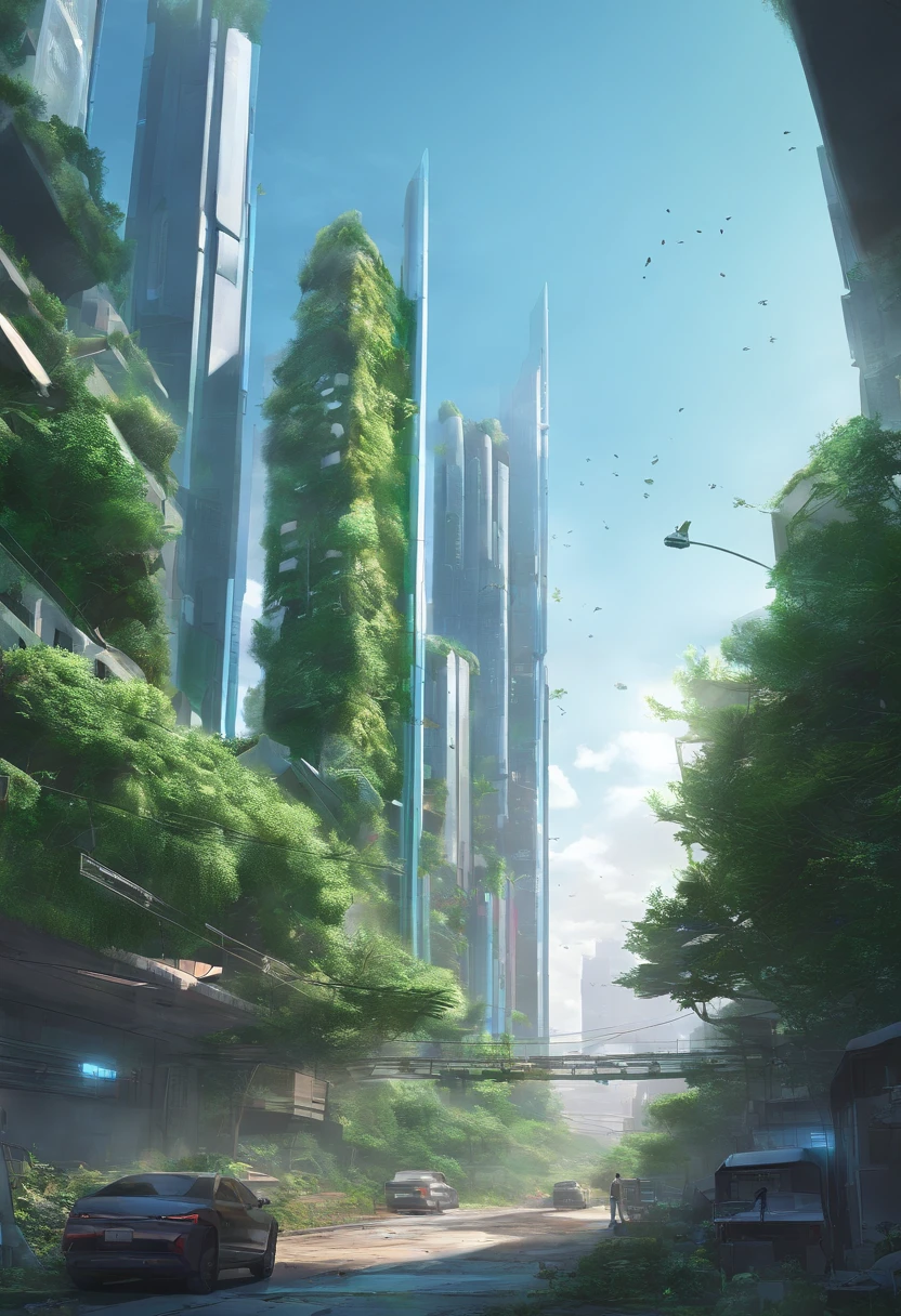 Abandoned futuristic city overgrown with lush green plants lights blue,sky  by Jinhwa Jang, Trending by Artstation