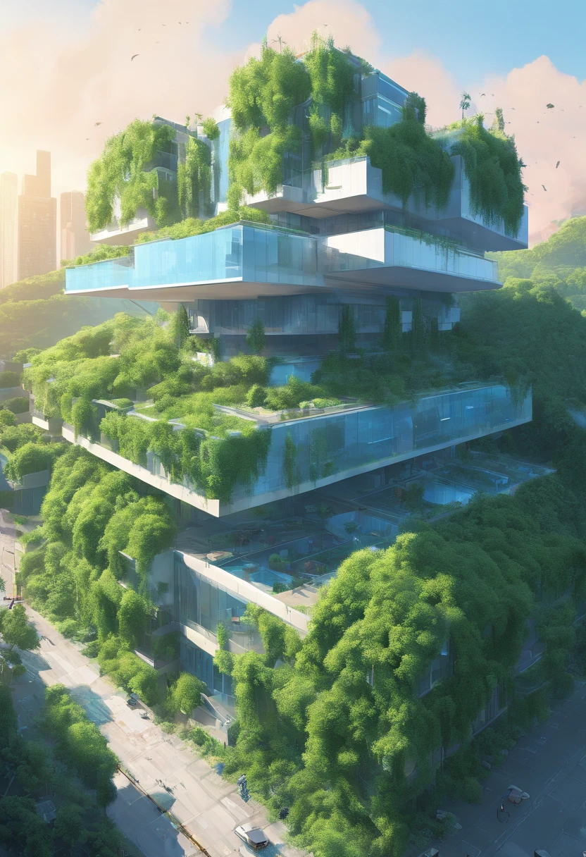 Abandoned futuristic city overgrown with lush green plants lights blue,sky  by Jinhwa Jang, Trending by Artstation