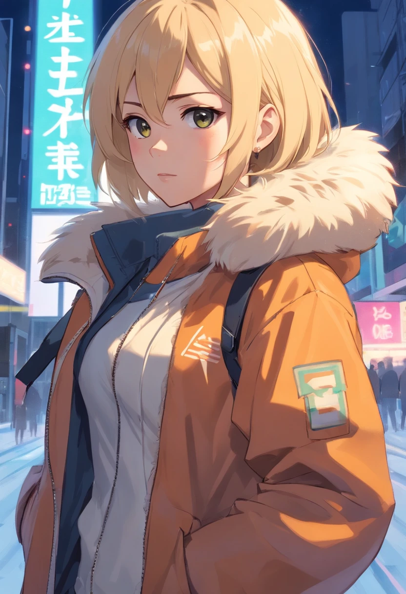 fur jacket, fashion, blonde medium hair, tanned, fit, piercings, female