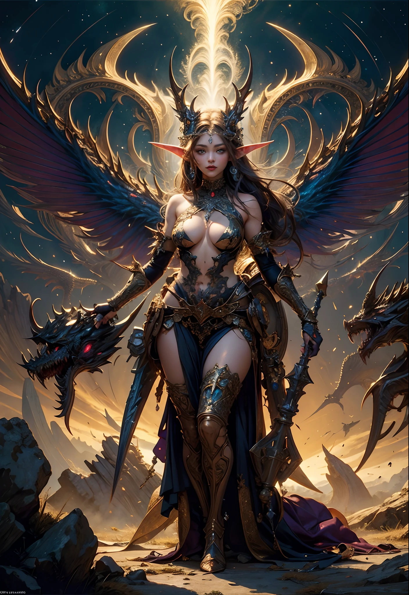 (masterpiece, top quality, best quality, official art, beautiful and aesthetic:1.2), (1 elf girl), (dynamic pose), extreme detailed,(fractal art:1.3),colorful,highest detailed