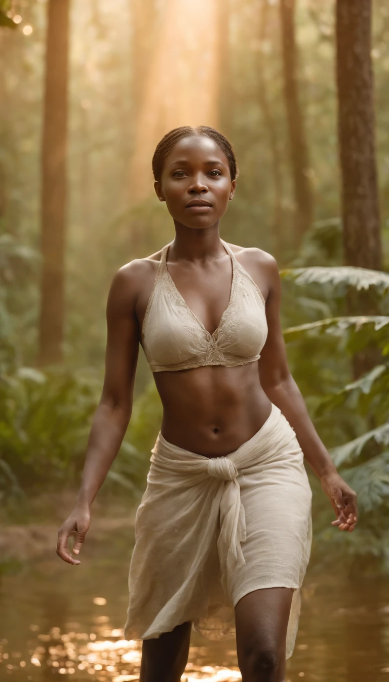 Undine, water spirit cute african girl liquid clothes, rainforest, on background forest wildfires, full body, RAW photo, fov, lens flare, god rays, overglaze, volumetric fog, cinematic light, depth of field, epic, realism, wallpaper, detailed, small details, intrincate, 8k hdr, golden ratio, asymmetry, masterpiece, best quality