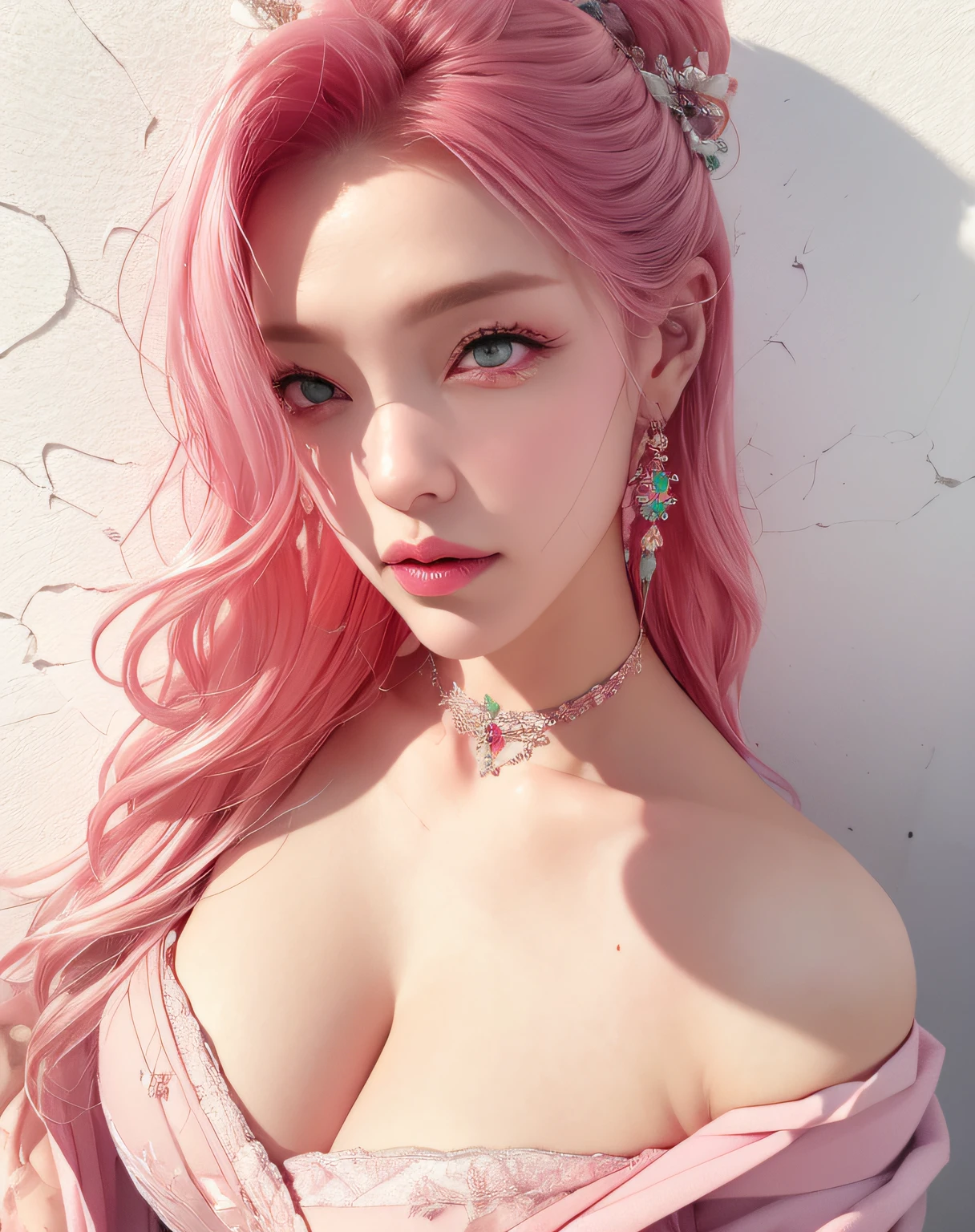 (masterpiece, best quality, 1girl, solo, intricate details, chromatic aberration), realistic, ((medium breath)),long hair, pink hair, red head ornament, pink highlights, hair over one eye,purple eyes, earrings, sharp eyes, choker, neon shirt, open jacket, crop top, (symmetry eyes),(perfect symmetrical body),against wall, brick wall, graffiti, dim lighting, alley ,look at viewer