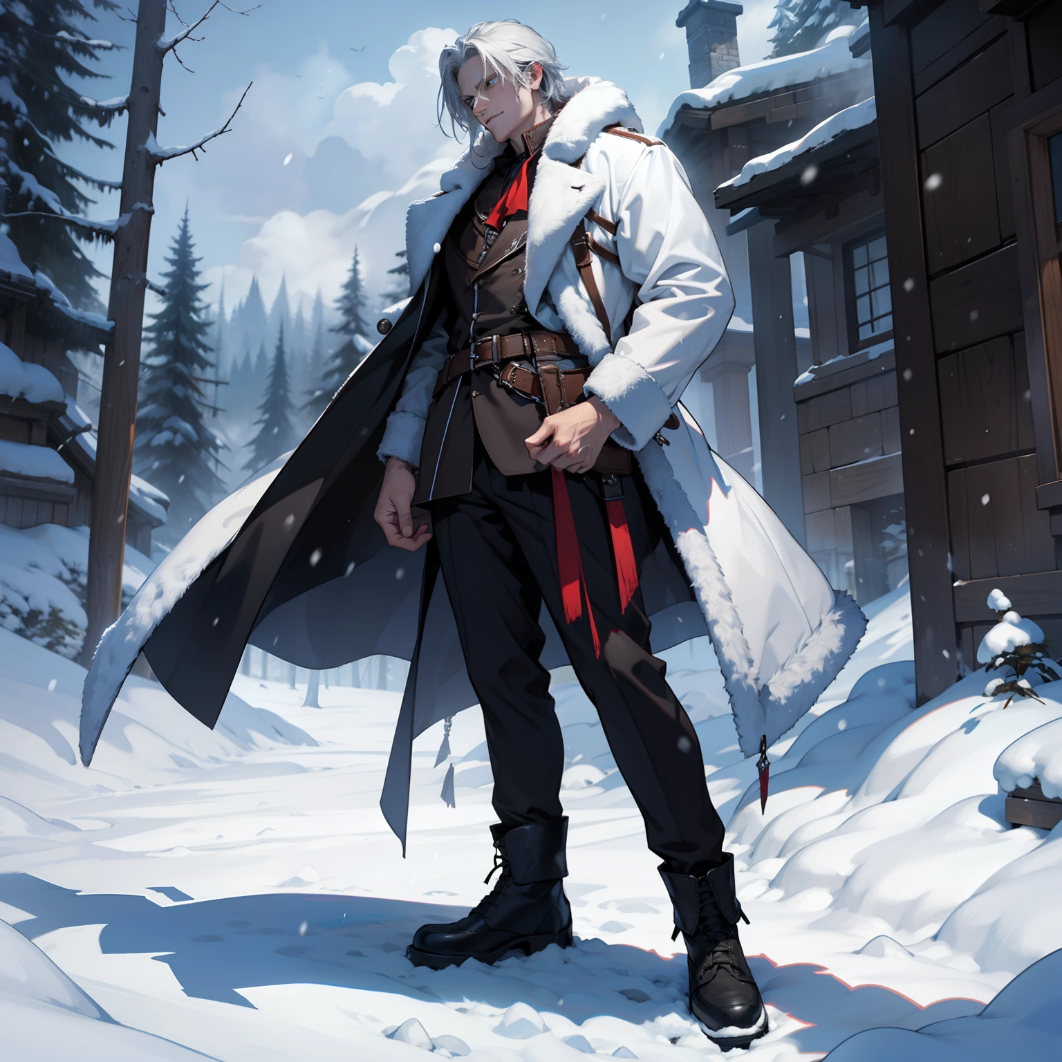 Van Helsing. Snow Background. Full Body. Holding a Beast