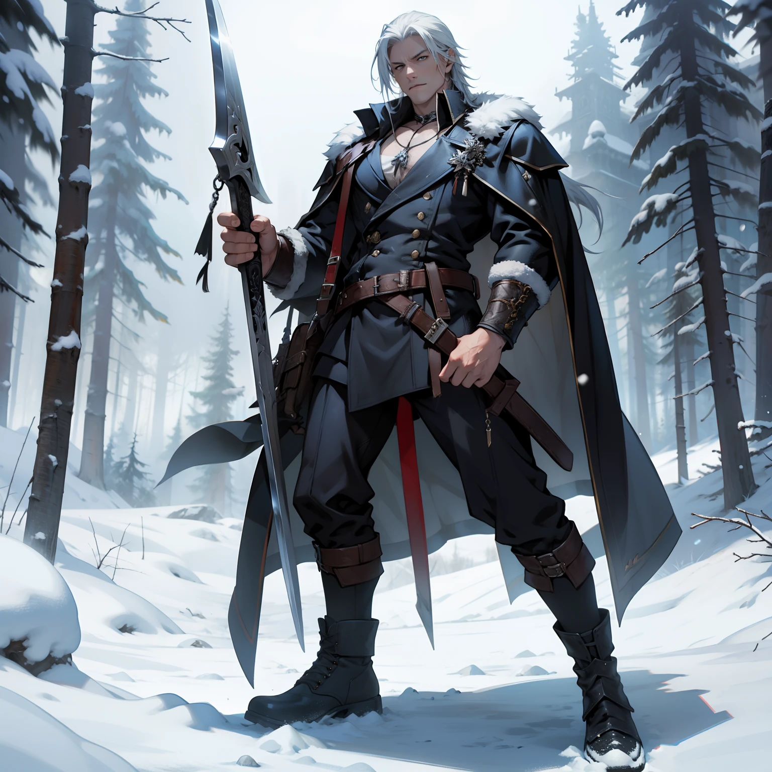 Van Helsing. Snow Background. Full Body. Holding a Beast Weapon