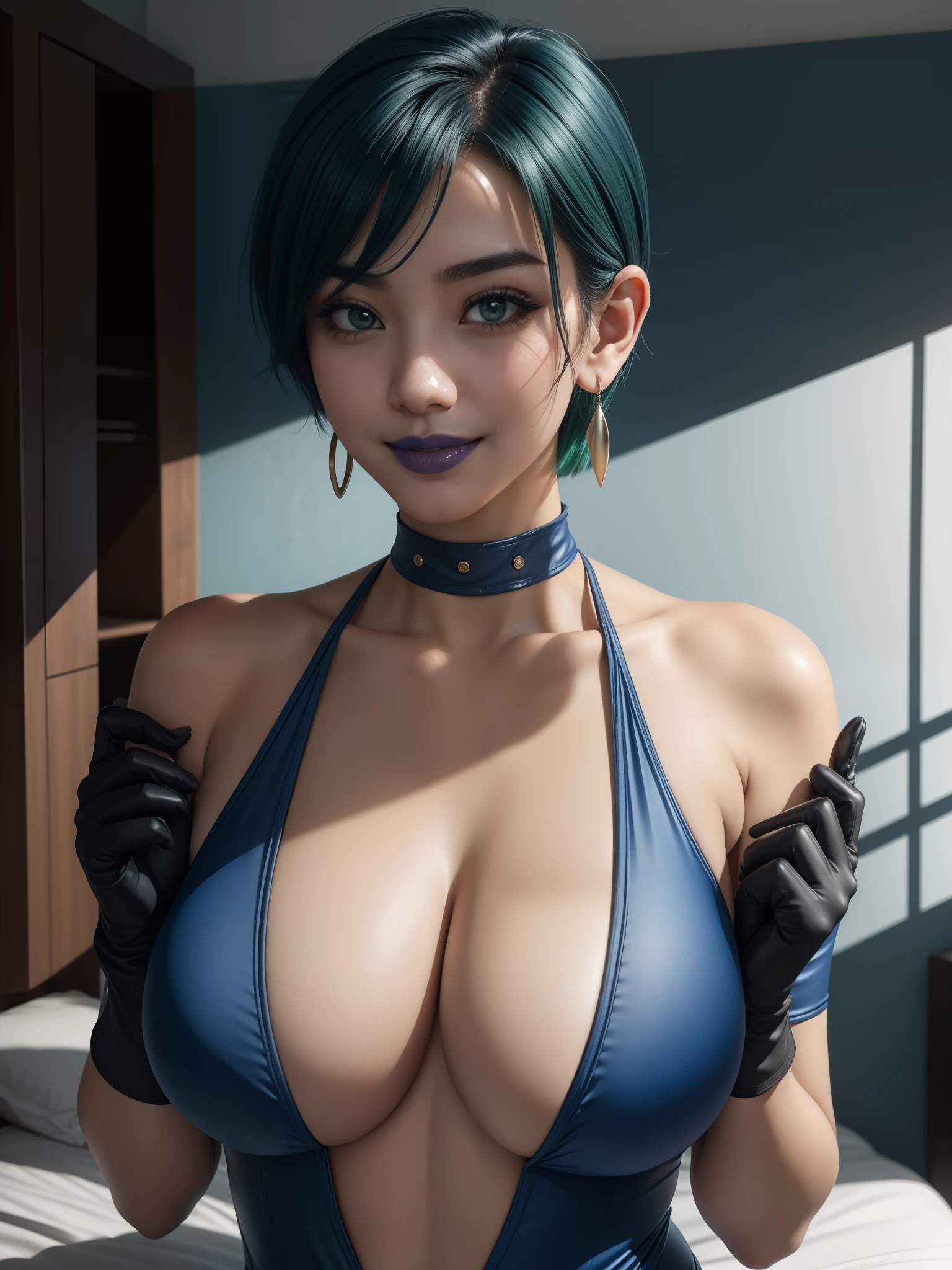 Blue Pachinko Swimsuit、Upper body naked、Blue Lipstick、The shape of the tip of the chest is clearly visible、Erect nipples、areola is visible、Show nipples、Dark green hair、short-haired、brow、elvish、ultra gigantic tits、huge smile、Raise your arms、Blue collar、Blue Pearl Earrings、Pose Seductive、Blue fingerless gloves、a bed