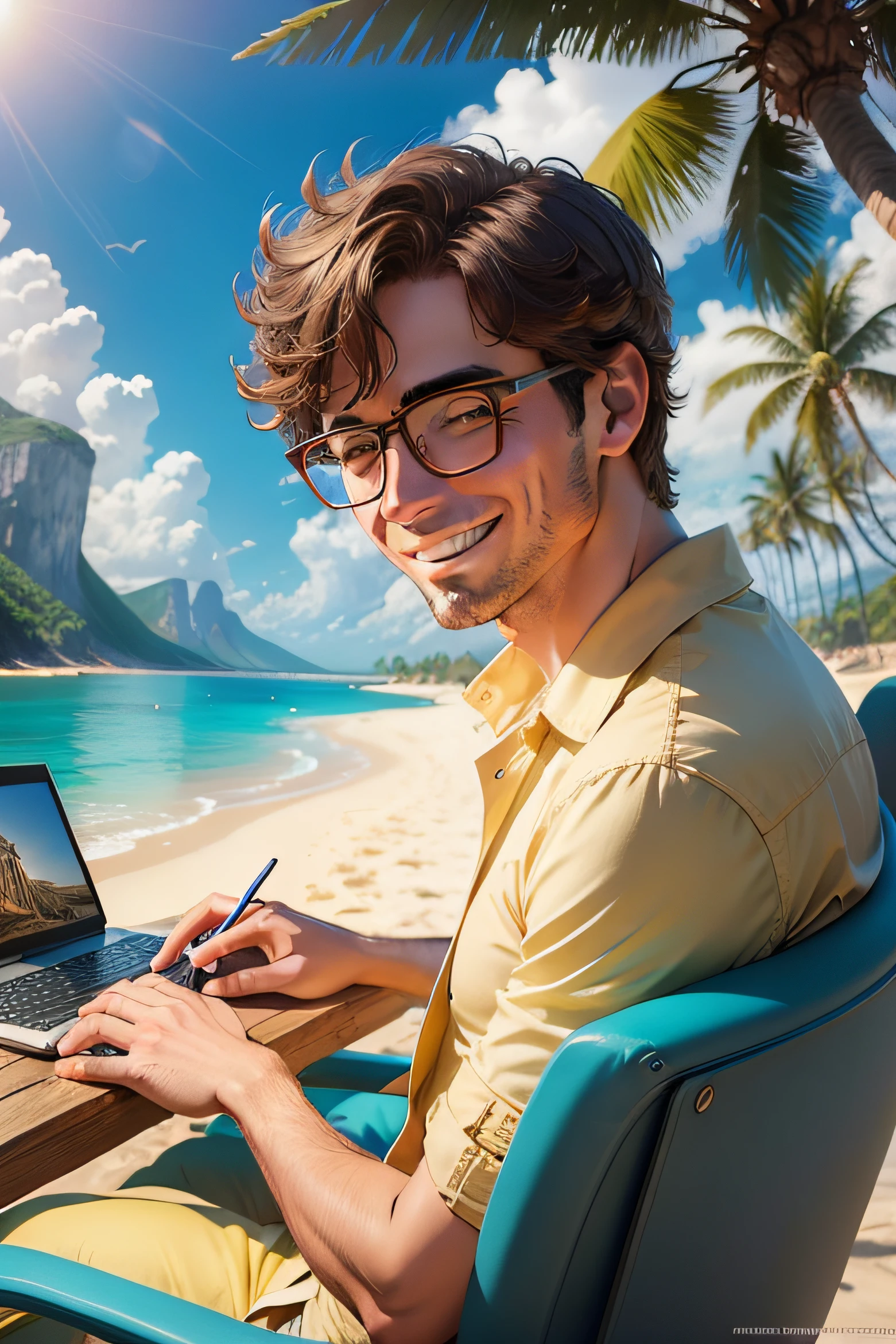 Draw a bespectacled rich man in a paradisiacal setting using his computer with a happy smile