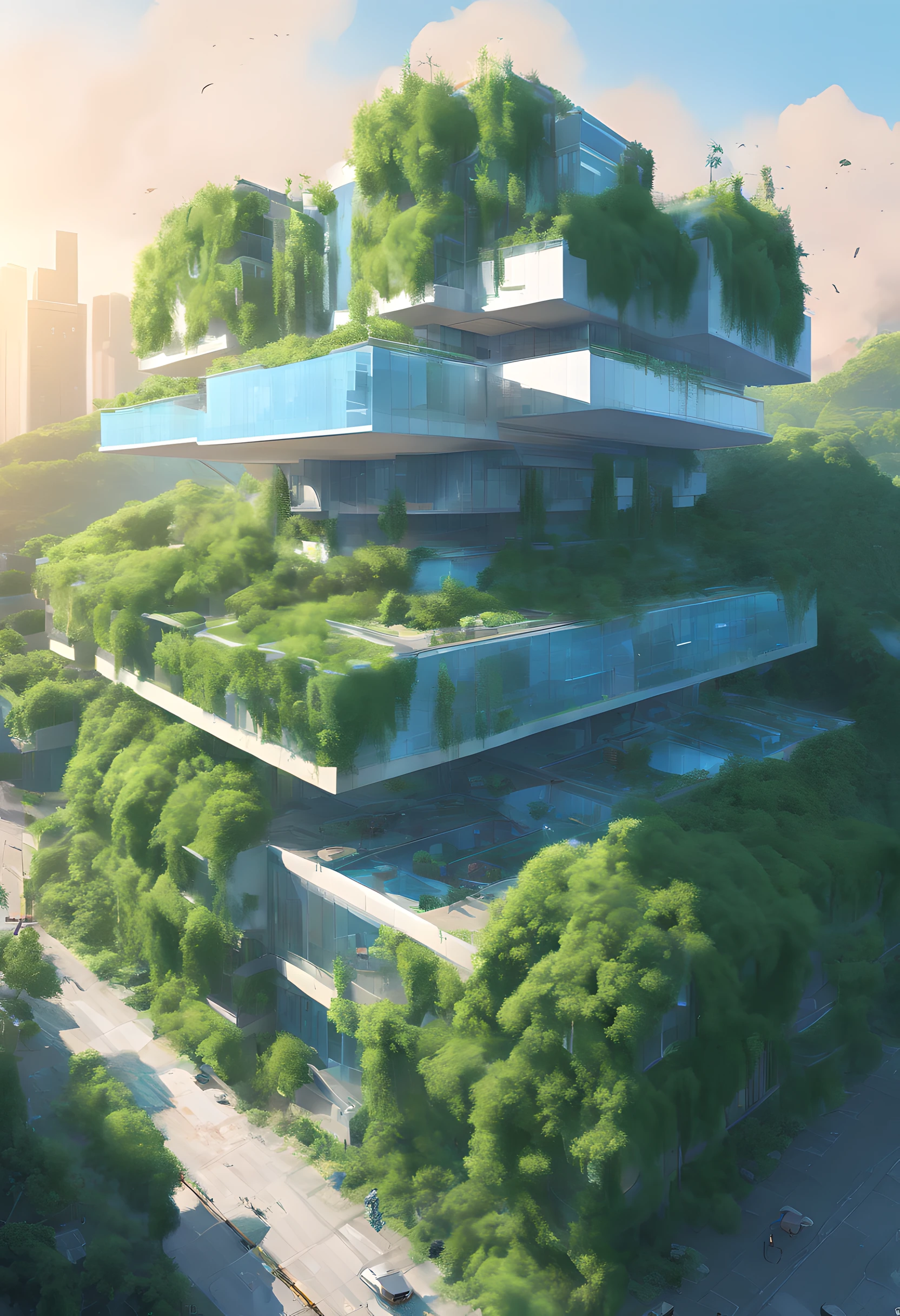 Abandoned futuristic city overgrown with lush green plants lights blue,sky by Jinhwa Jang, Trending by Artstation