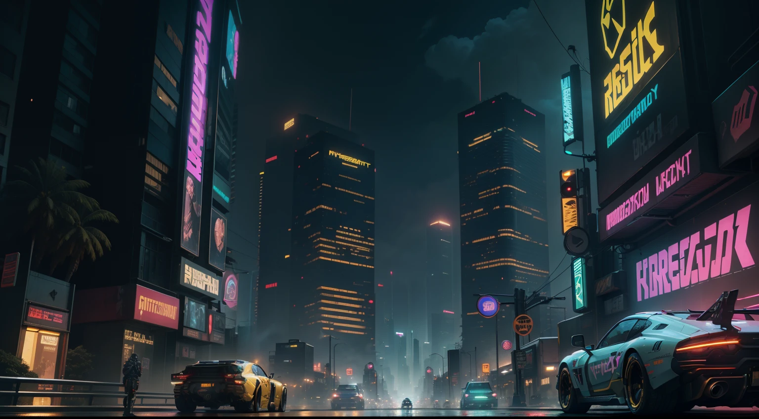 imagine Cyberpunk 2077 as poster of real city at night with flying cars, drones, army tanks like in Blade Runner movie