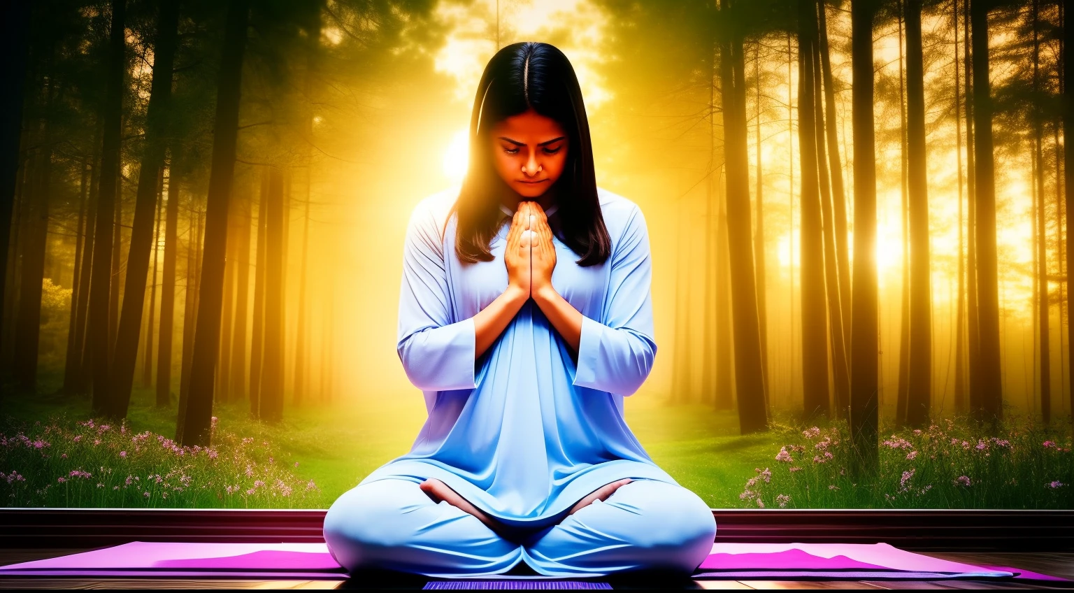 Generate an image of a person kneeling in prayer, with her hands together and her eyes closed, expressing gratitude for a miraculous healing achieved. The scene should be serene and full of emotion.