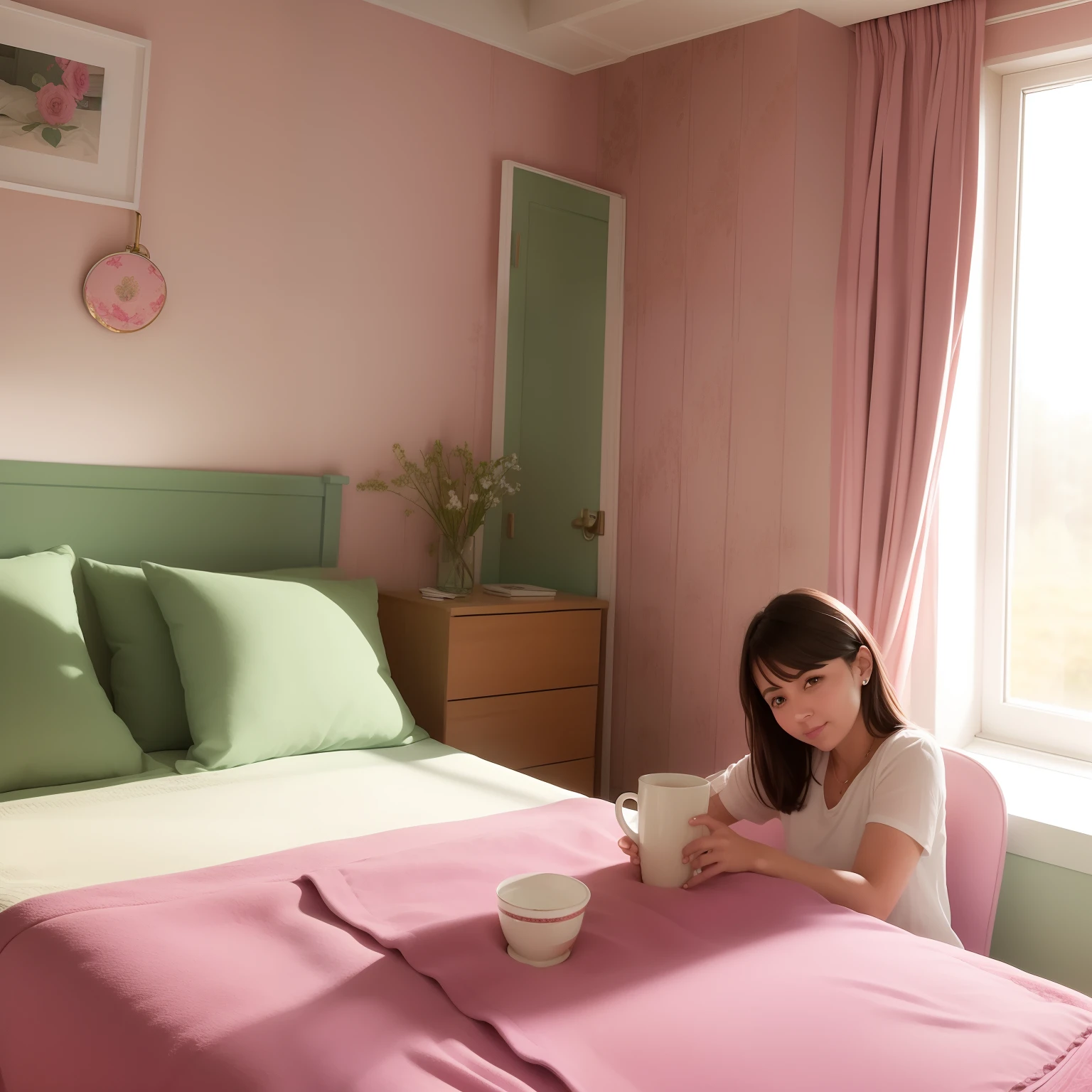 Colorful sketch style. A small room, light pink wallpaper,A woman with dark hair and green eyes sits on the bed and drinks coffee. The sun's rays wake up the room through the small window above the bed. as many details as possible