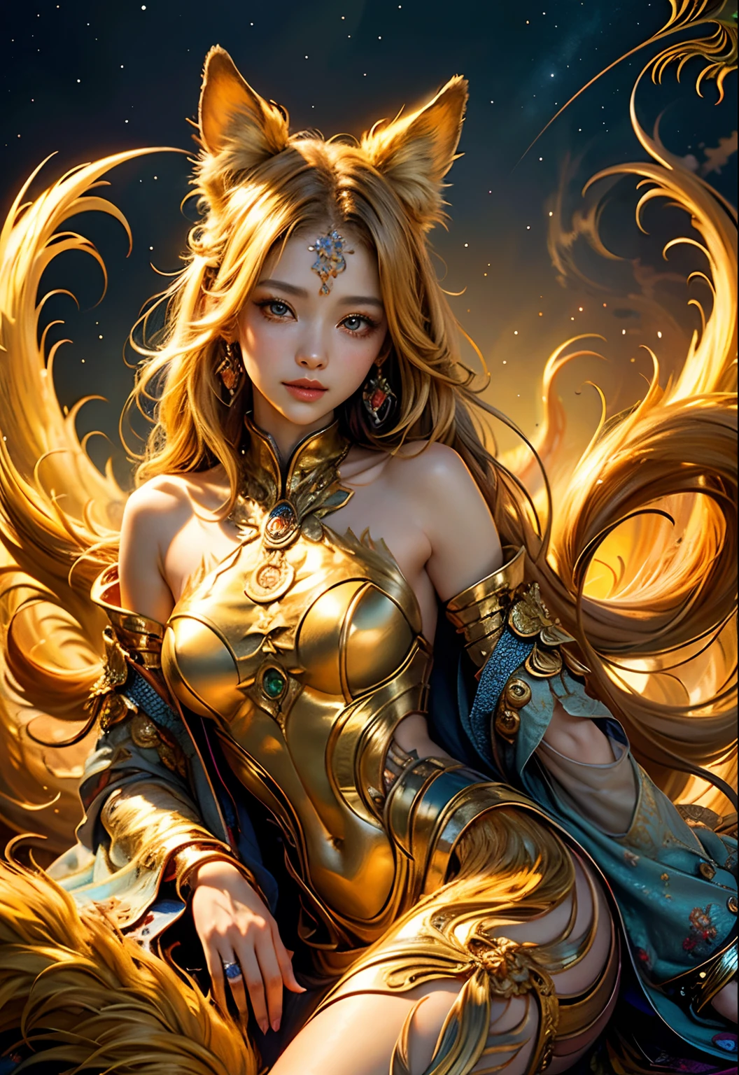 (​masterpiece、top-quality、top-quality、Official Art、Beautifully Aesthetic:1.2)、(1girl in)、ighly detailed、(Fractal Art:1.3)、colourfull、highestdetailed　Golden Nine-Tailed Fox　Flashy golden background　Facing the front　Soft smile