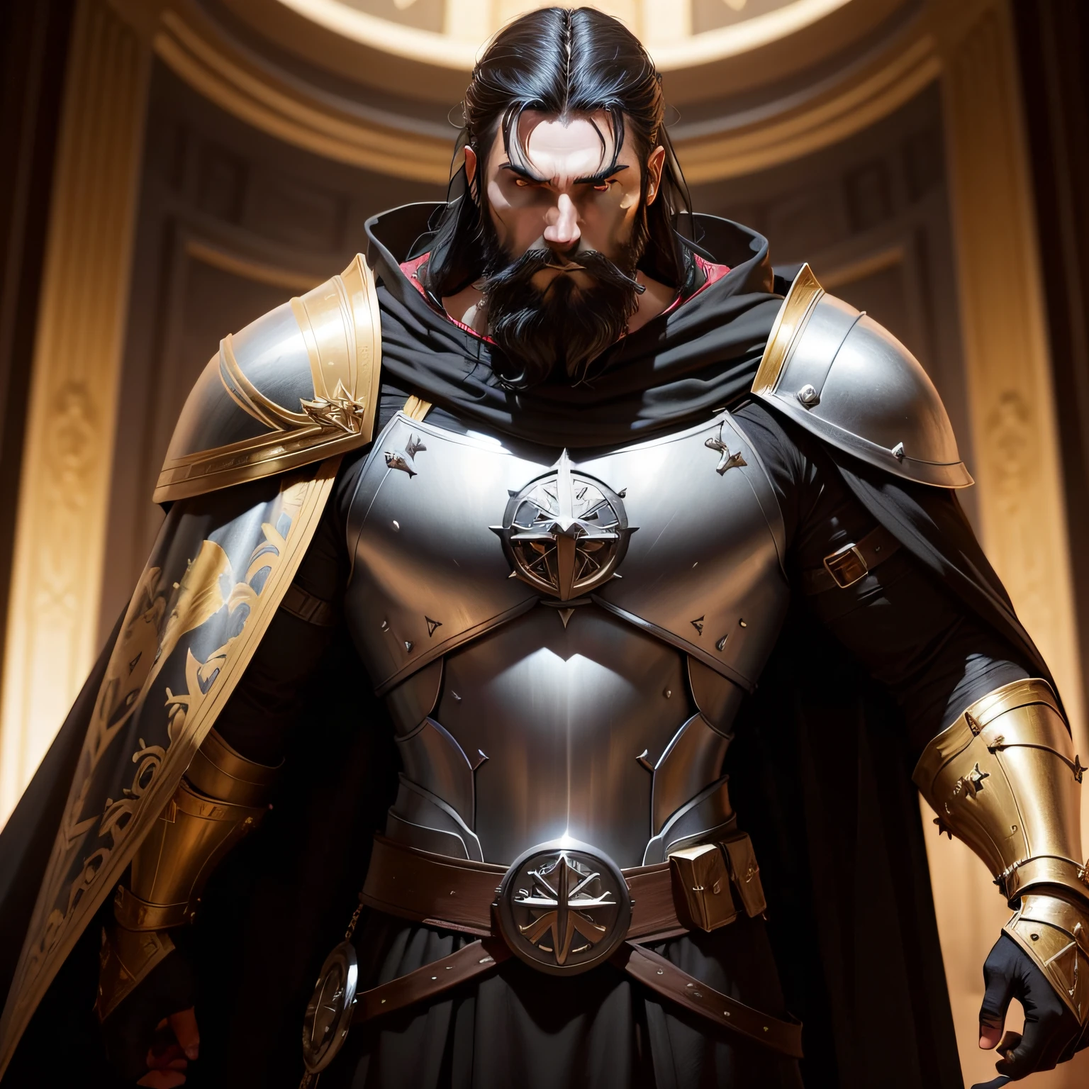 Generate the image of a badass Knight Templar with black hair and beard in black armor with gold details and a white cape and brown eyes without the golden symbol on the chest