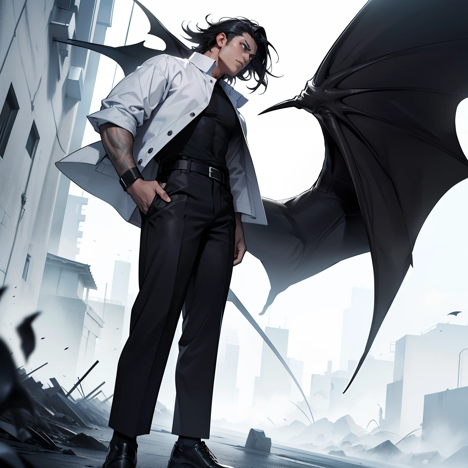 (ultra-quality), Devil Man, de pele branca, cabelos preto e longos, black and white eyes, no clothe, black pants, Feels white, Kinda strong, alto, white backgrounid, soio.