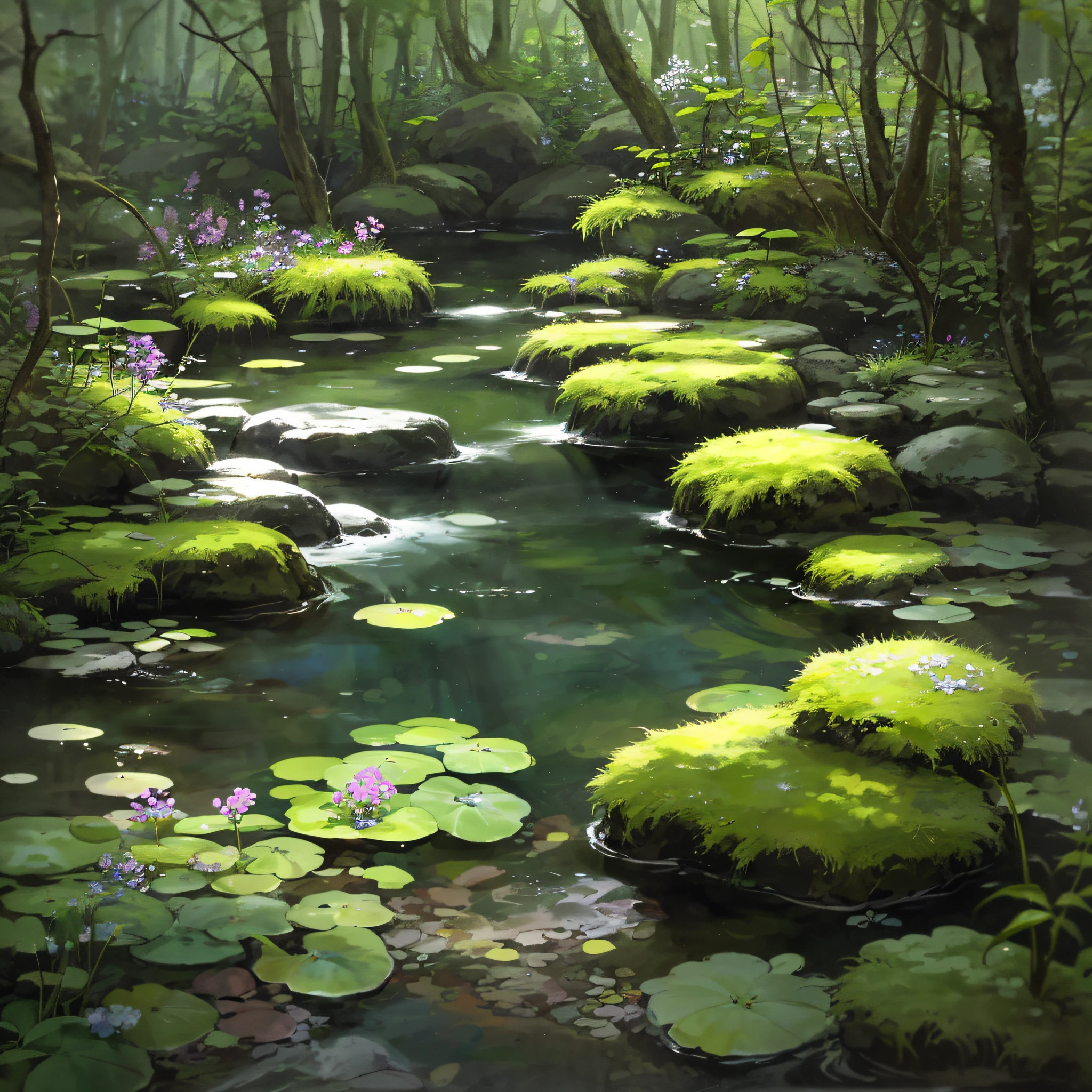 (Best quality)), (no photos of people), in the forest, frogs, pebbles quiet ponds, small wildflowers, streams, stones in the background like aquarium, moss, clarity, softness, calm ipês